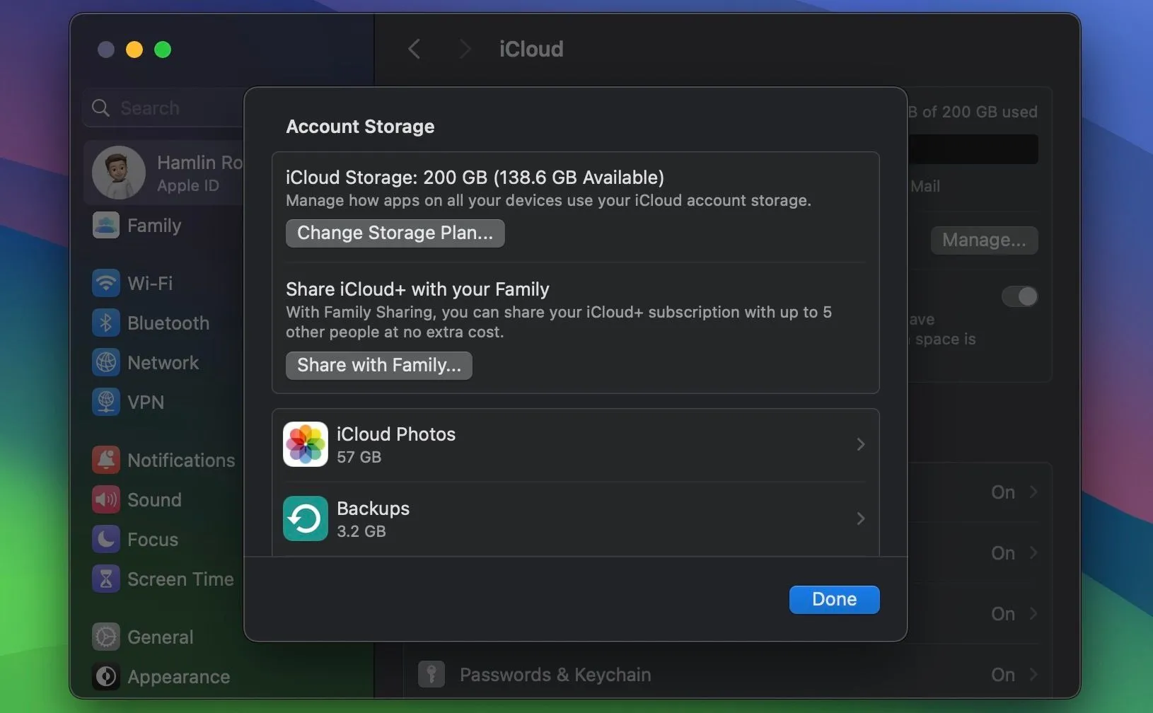 Màn hình quản lý dung lượng lưu trữ iCloud trên macOS hiển thị các danh mục dữ liệu đang chiếm không gian.