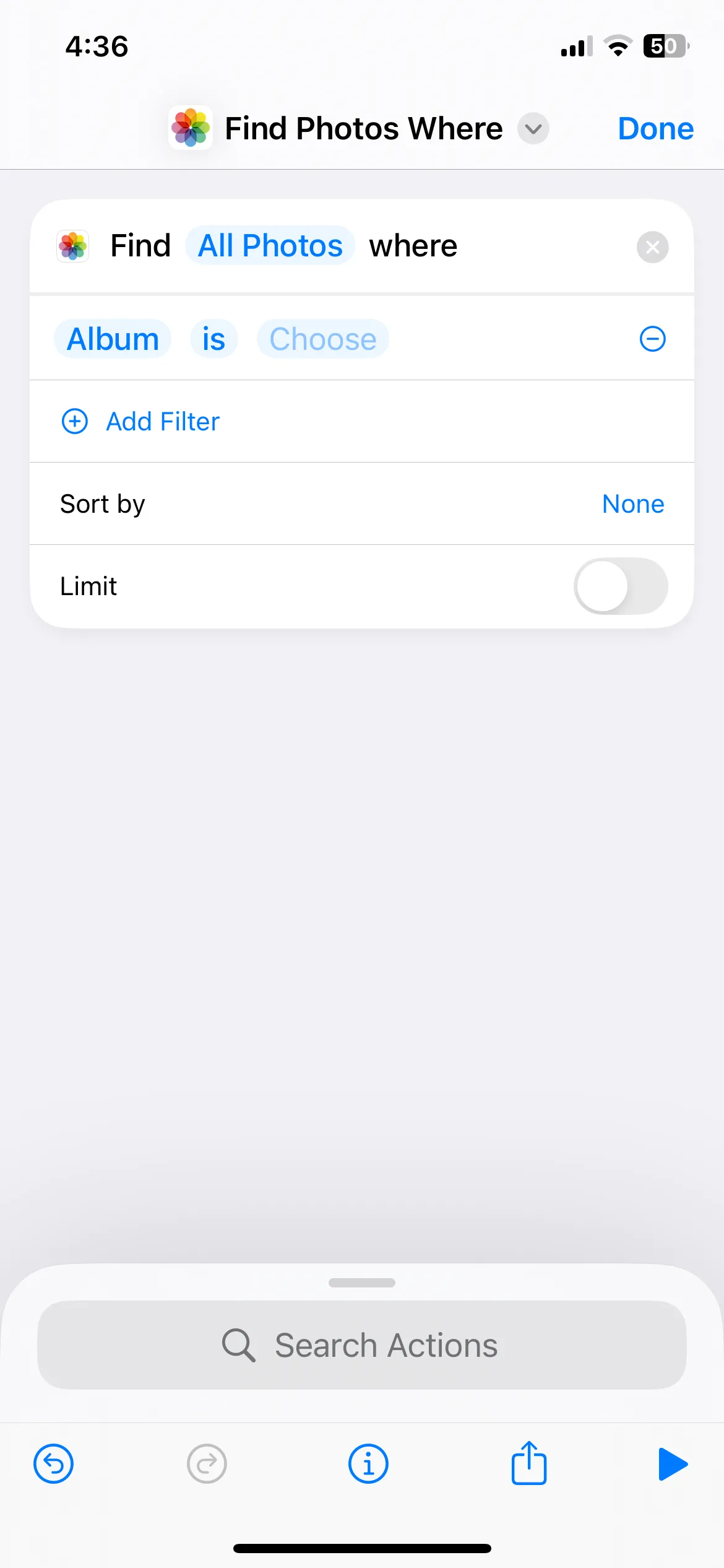 Màn hình tạo phím tắt iPhone để tìm kiếm và lọc ảnh chụp màn hình