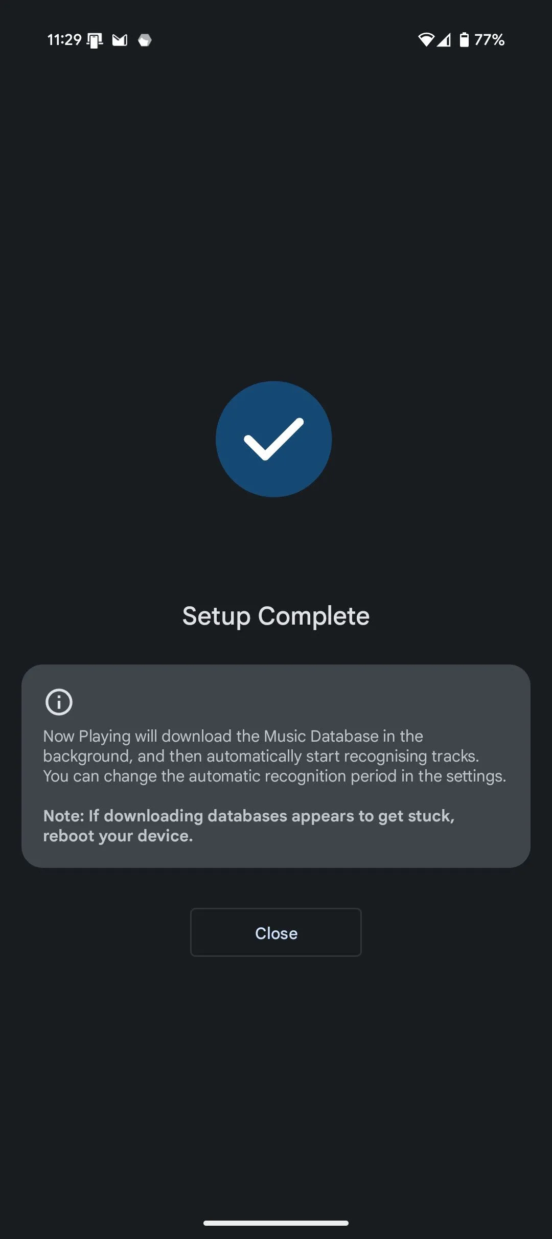 Màn hình thiết lập ban đầu của ứng dụng Ambient Music Mod, hướng dẫn người dùng cấu hình các tùy chọn dữ liệu và khu vực.