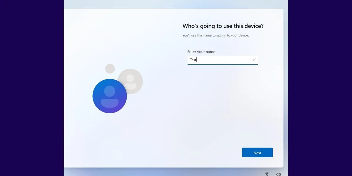 Màn hình thiết lập người dùng mới trong quá trình cài đặt Windows 11 (OOBE), cho phép nhập tên và chọn câu hỏi bảo mật