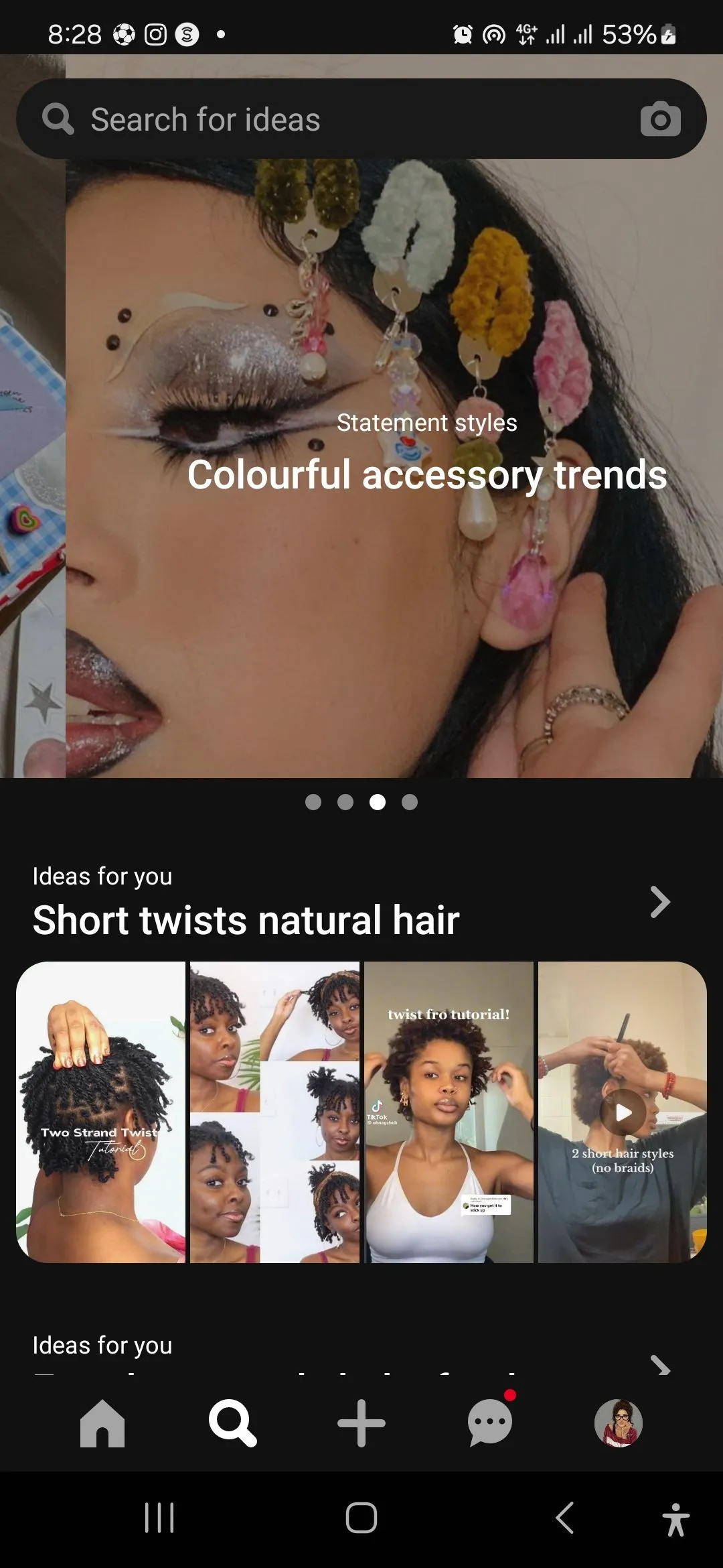 Màn hình tìm kiếm của ứng dụng Pinterest trên thiết bị di động, với biểu tượng camera để tìm kiếm bằng hình ảnh