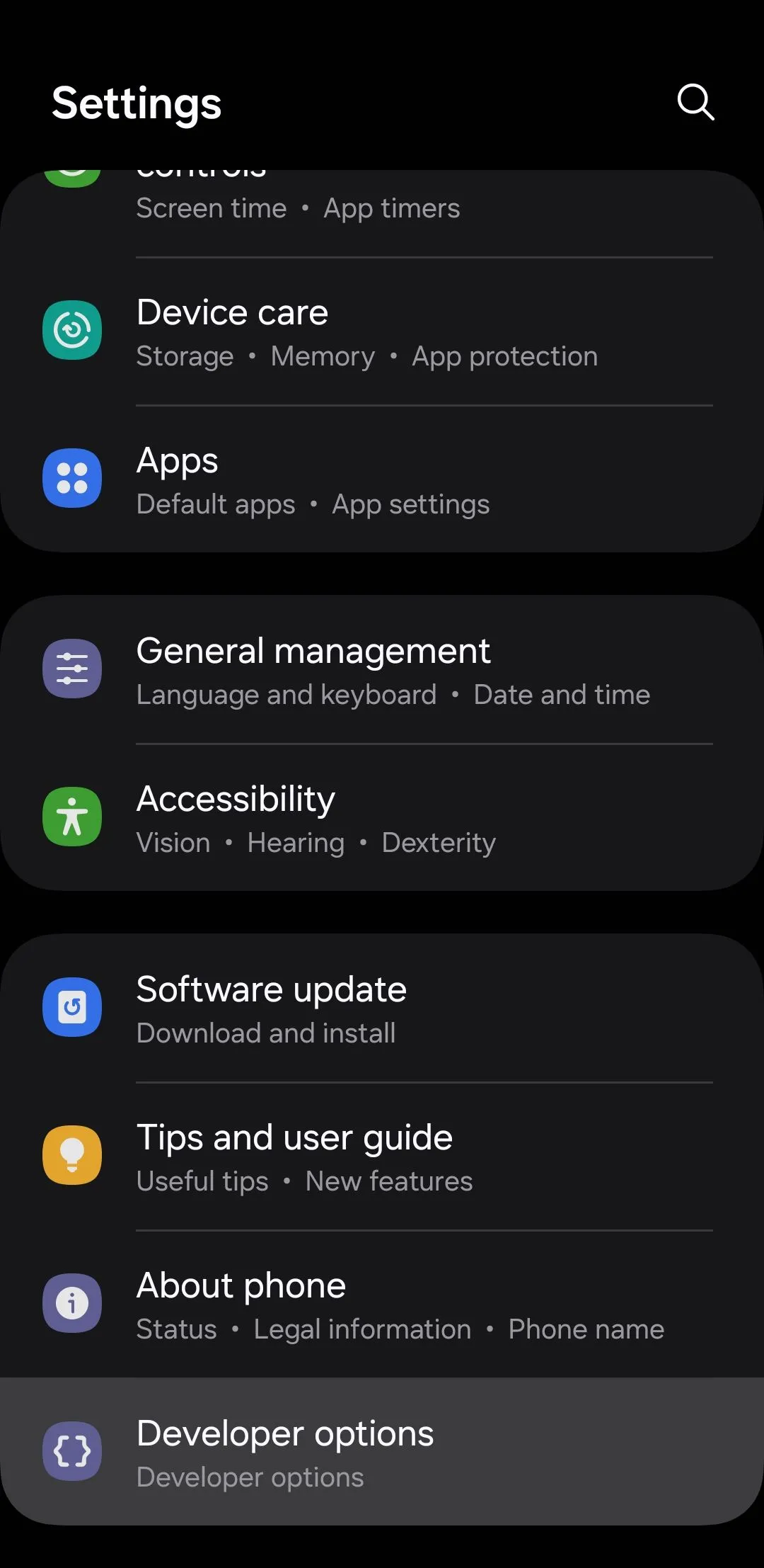 Màn hình Tùy chọn nhà phát triển trên Android, cần thiết để truy cập một số cài đặt hiệu năng