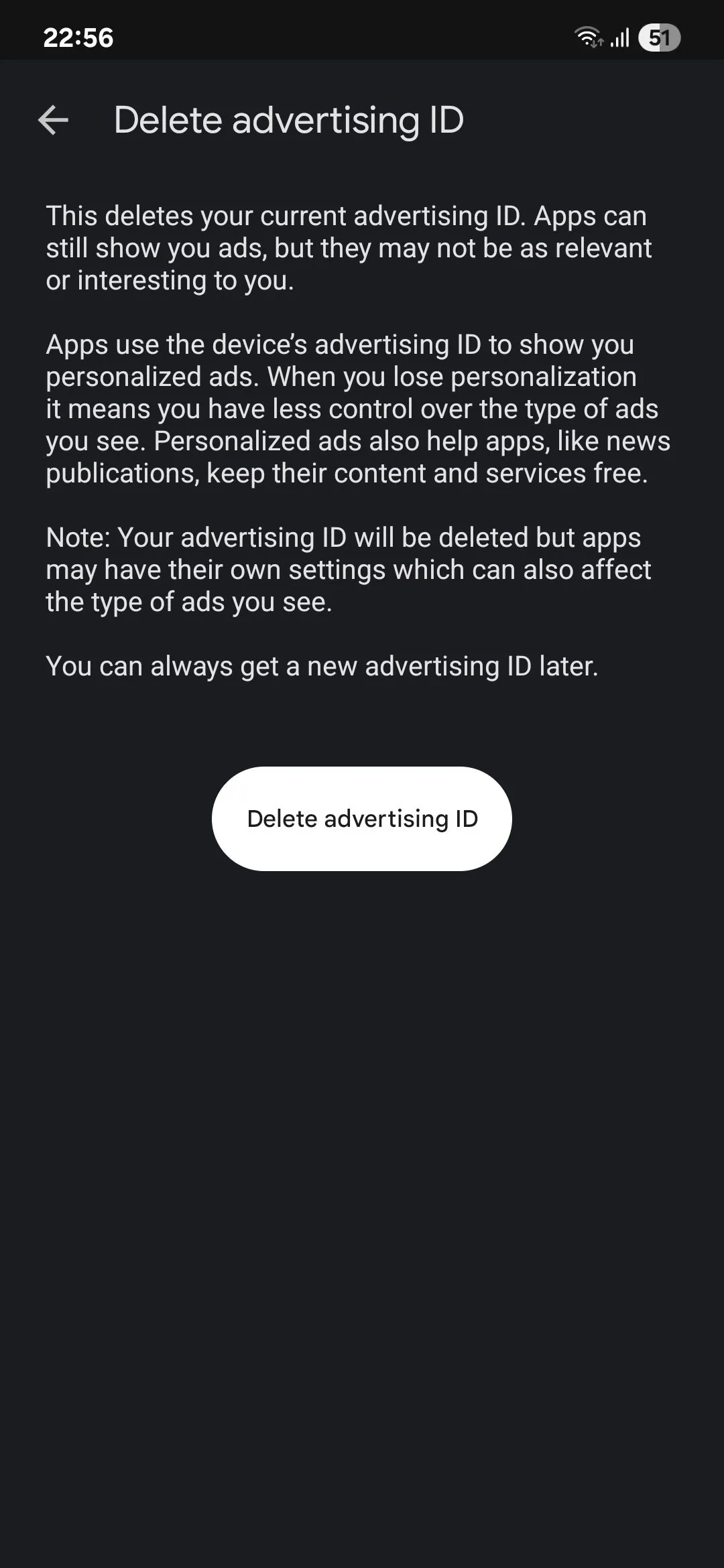 Màn hình tùy chọn xóa hoặc đặt lại ID quảng cáo Google trên Android