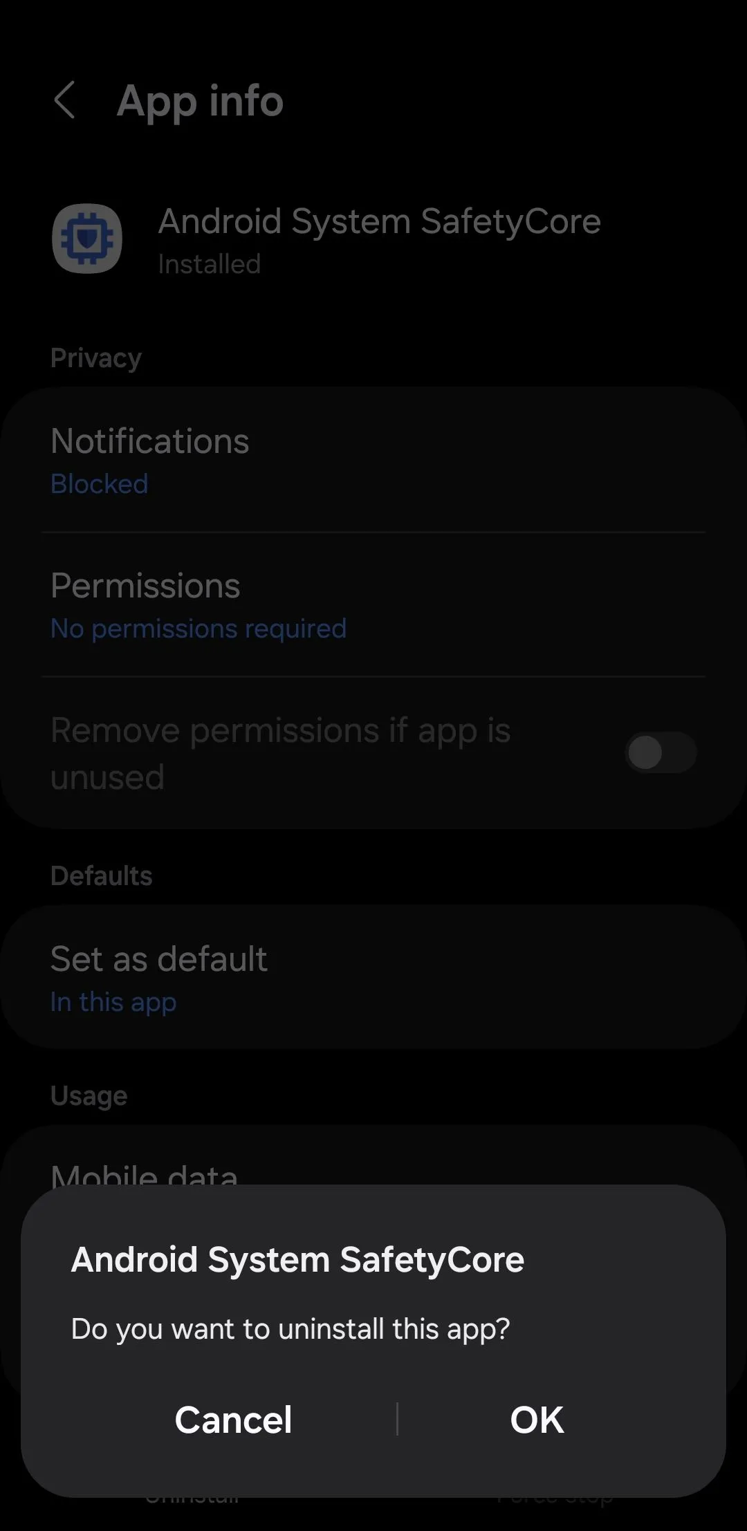 Màn hình ứng dụng Android System SafetyCore hiển thị tùy chọn gỡ cài đặt trên Android