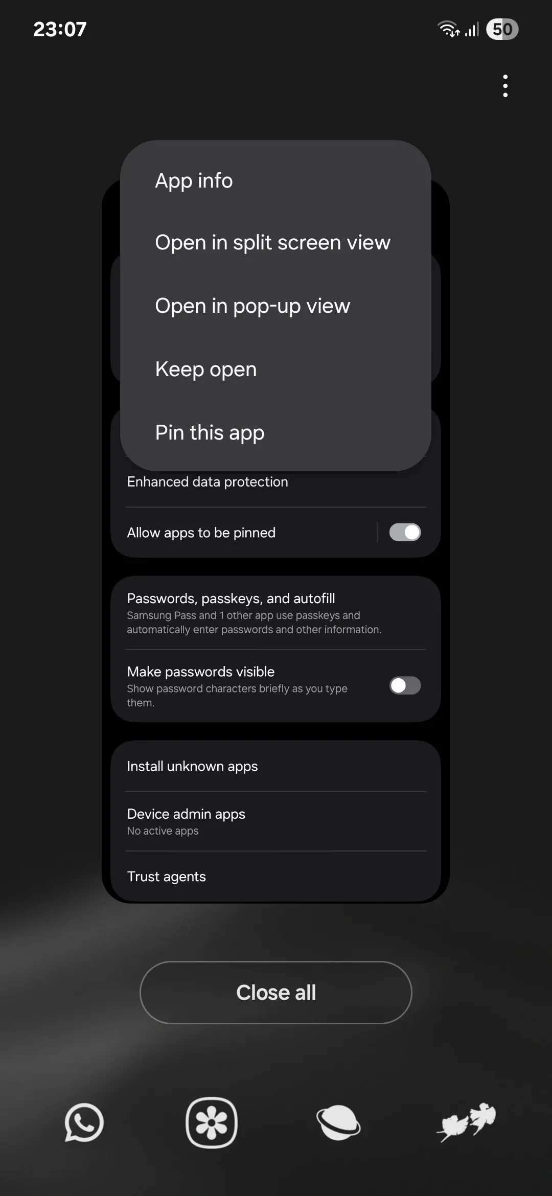 Màn hình ứng dụng gần đây của Samsung với tùy chọn Ghim ứng dụng