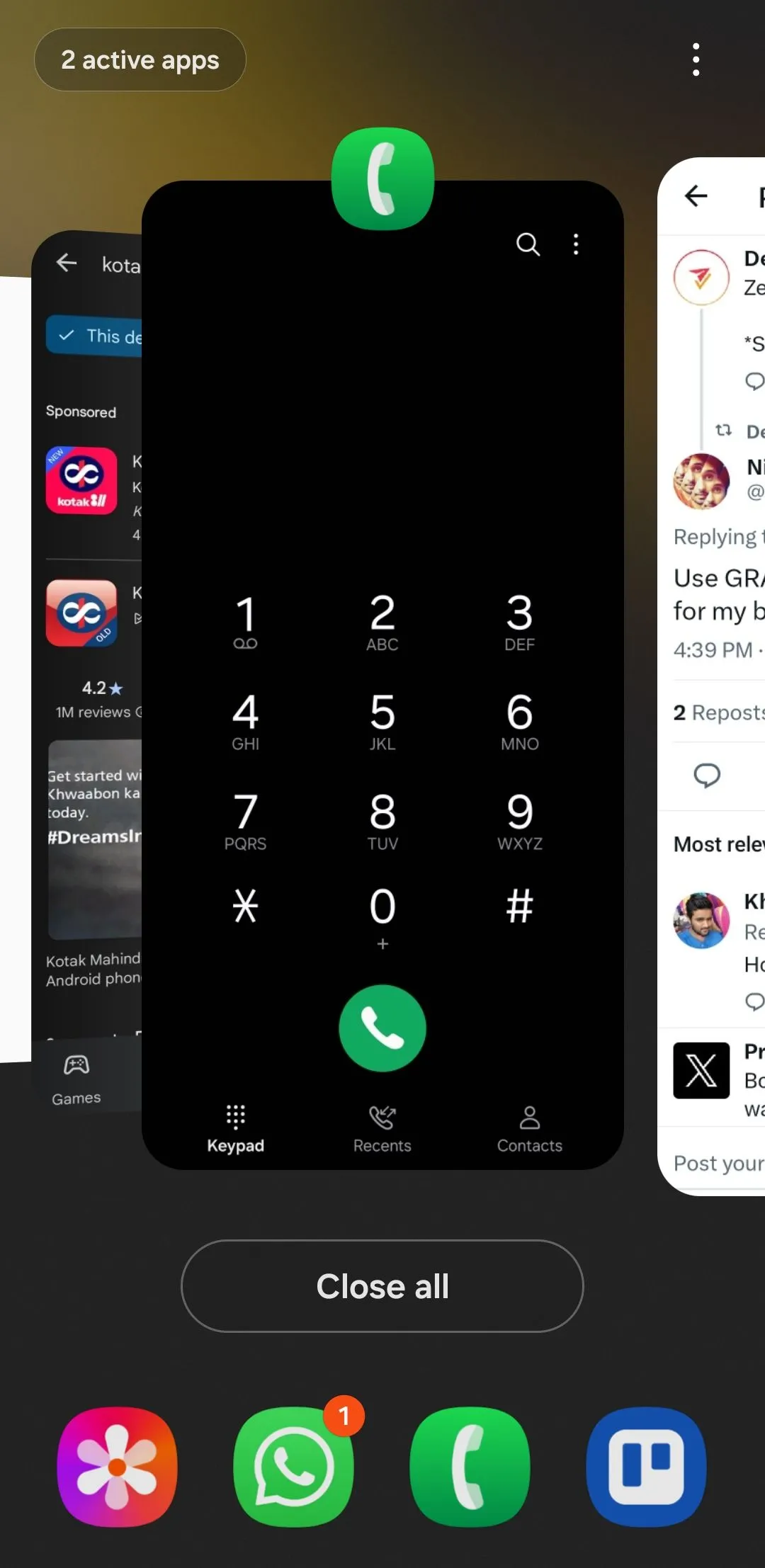 Màn hình ứng dụng gần đây trên Android hiển thị các tùy chọn Ghim ứng dụng để khóa màn hình