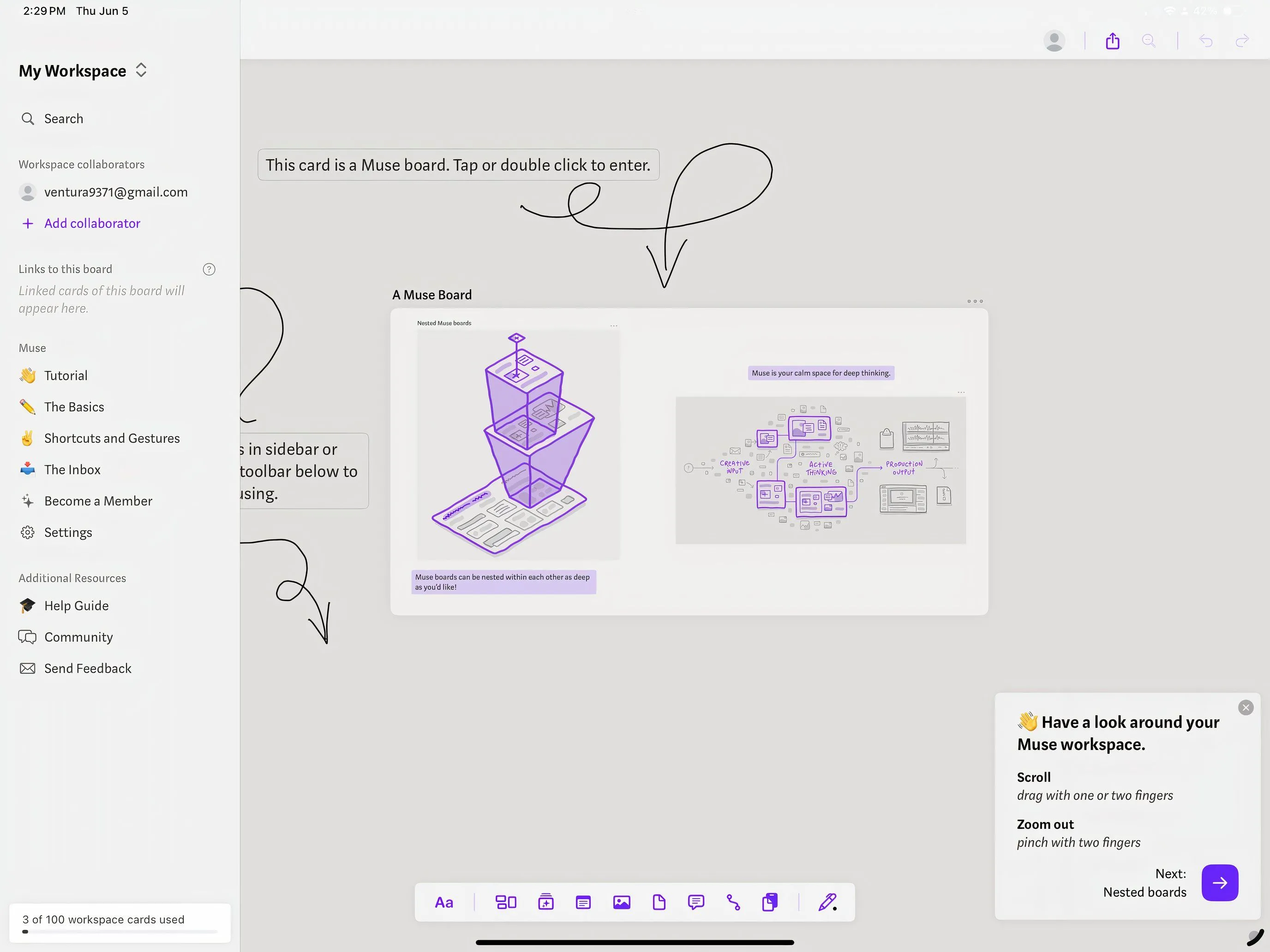 Màn hình ứng dụng Muse trên iPad với bảng trắng kỹ thuật số và các ý tưởng được sắp xếp
