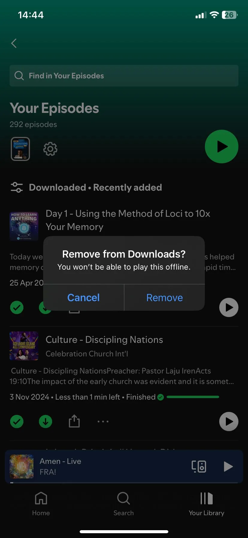 Màn hình xác nhận xóa bản tải xuống trong Spotify trên iPhone