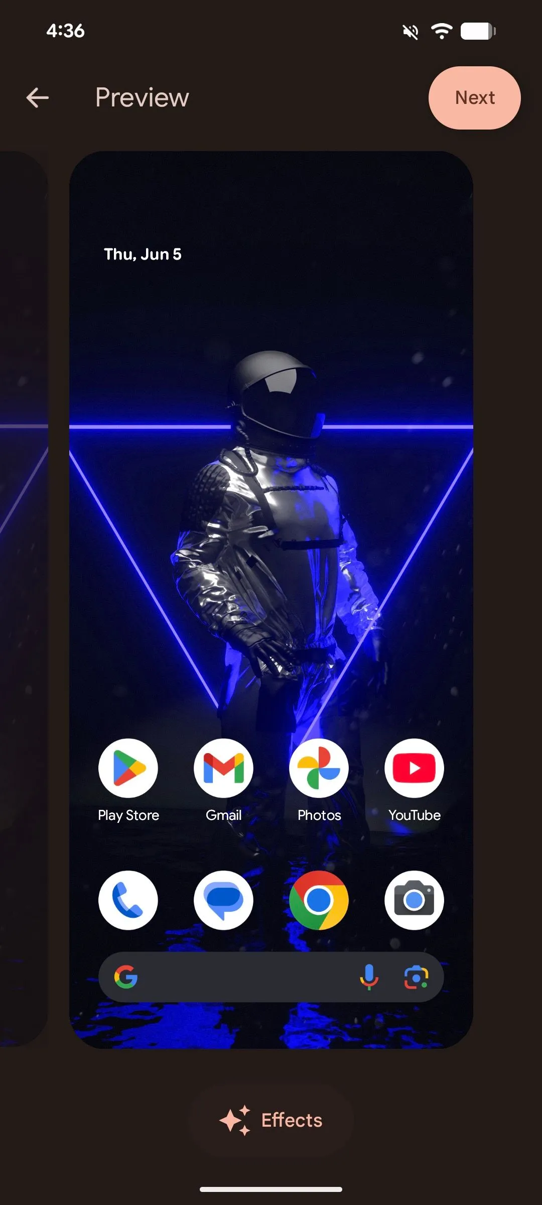 Màn hình xem trước hình nền Android 16, với nút 'Hiệu ứng' được chọn để tùy chỉnh