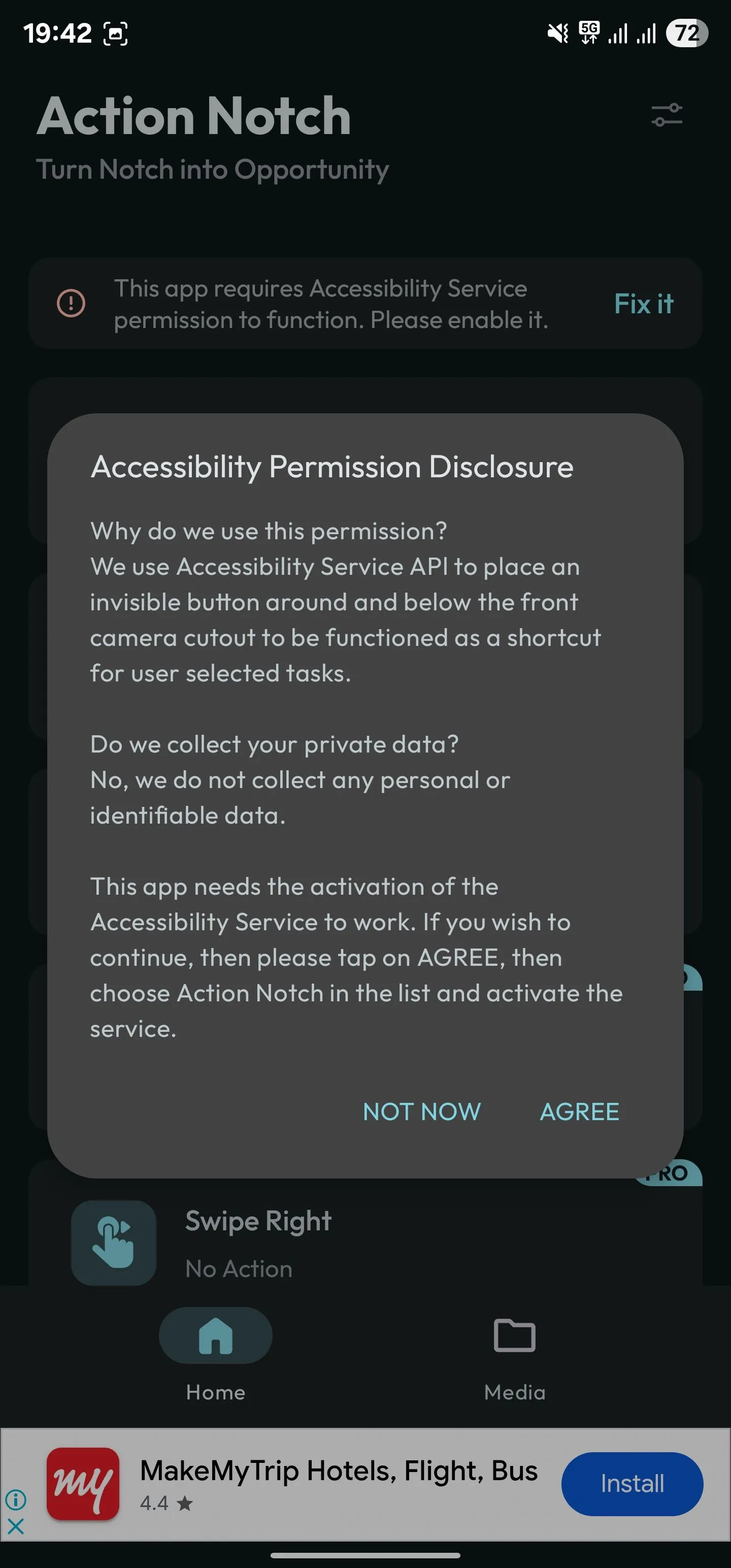 Màn hình yêu cầu cấp quyền truy cập (Accessibility Permission) của ứng dụng Action Notch trên điện thoại Android.