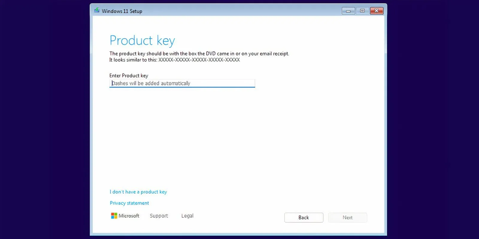 Màn hình yêu cầu nhập khóa sản phẩm trong quá trình cài đặt Windows 11, hiển thị tùy chọn &quot;Tôi không có khóa sản phẩm&quot;