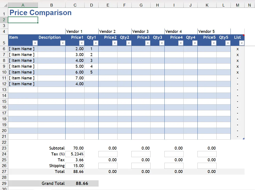 Mẫu Excel so sánh giá sản phẩm từ nhiều cửa hàng