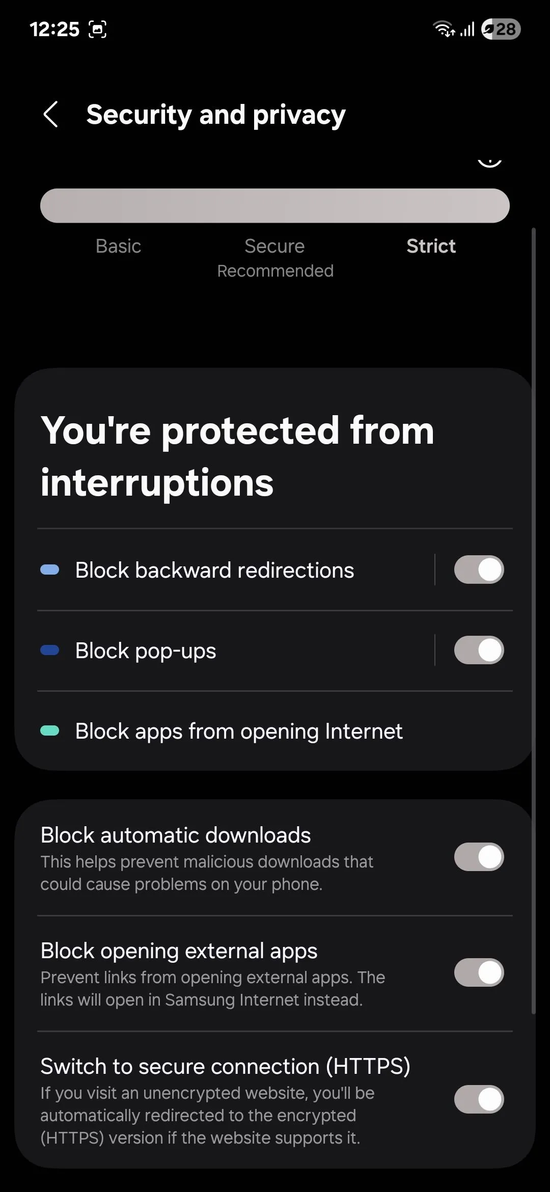 Menu bảo mật trong chế độ Secret của Samsung Internet, yêu cầu sinh trắc học