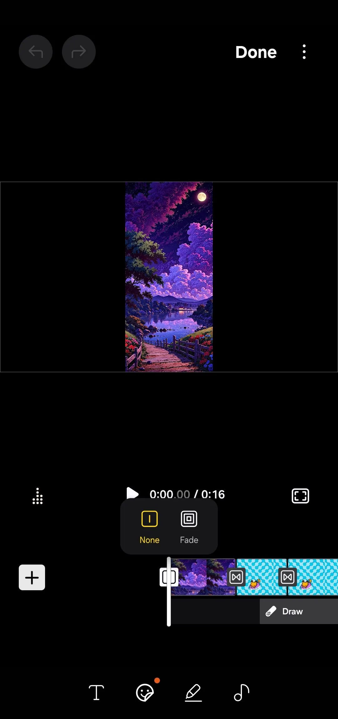 Menu các tùy chọn hiệu ứng chuyển cảnh (Transition) trong ứng dụng Samsung Studio trên điện thoại Galaxy.
