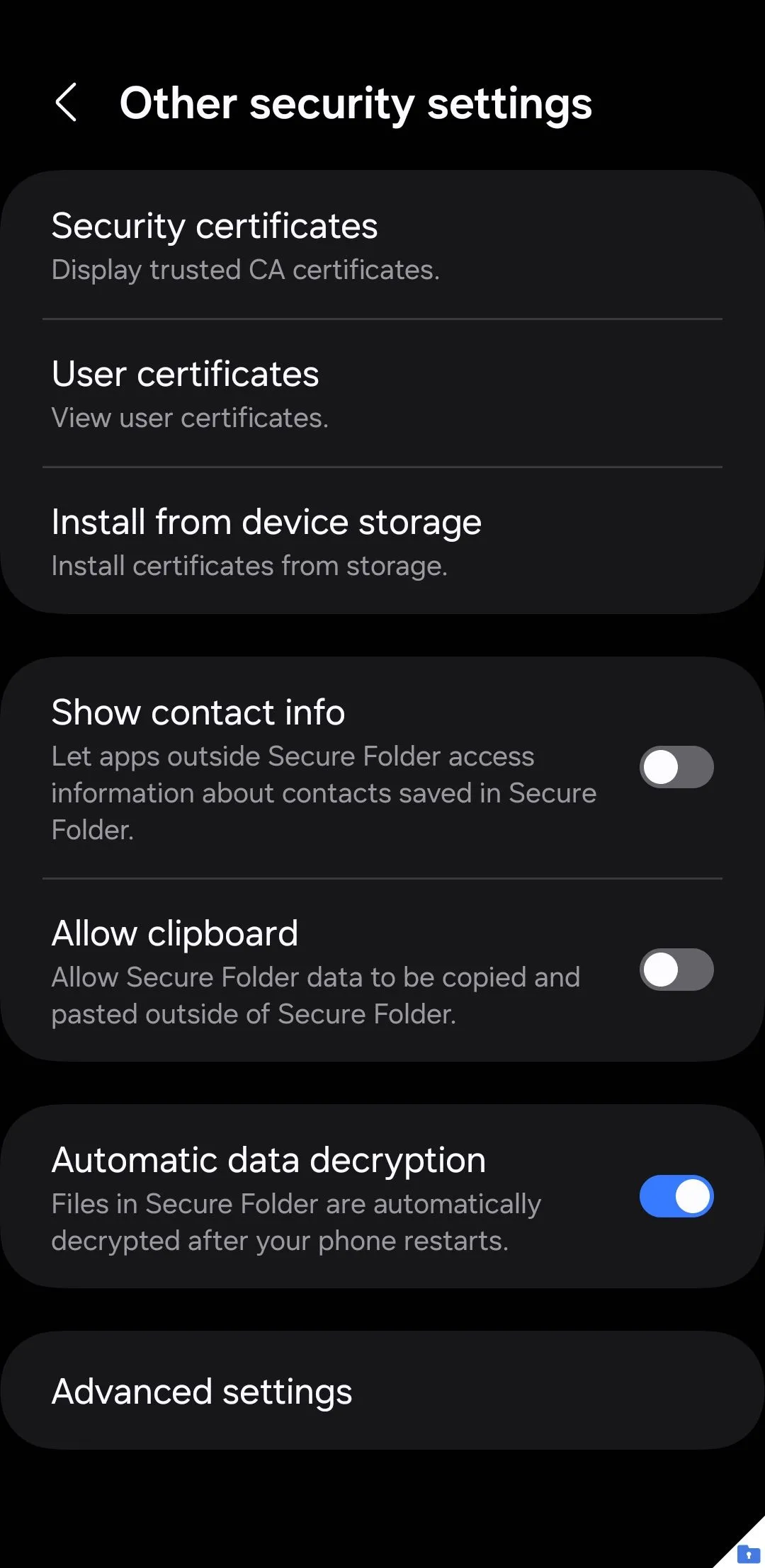 Menu cài đặt bảo mật Secure Folder trên điện thoại Samsung