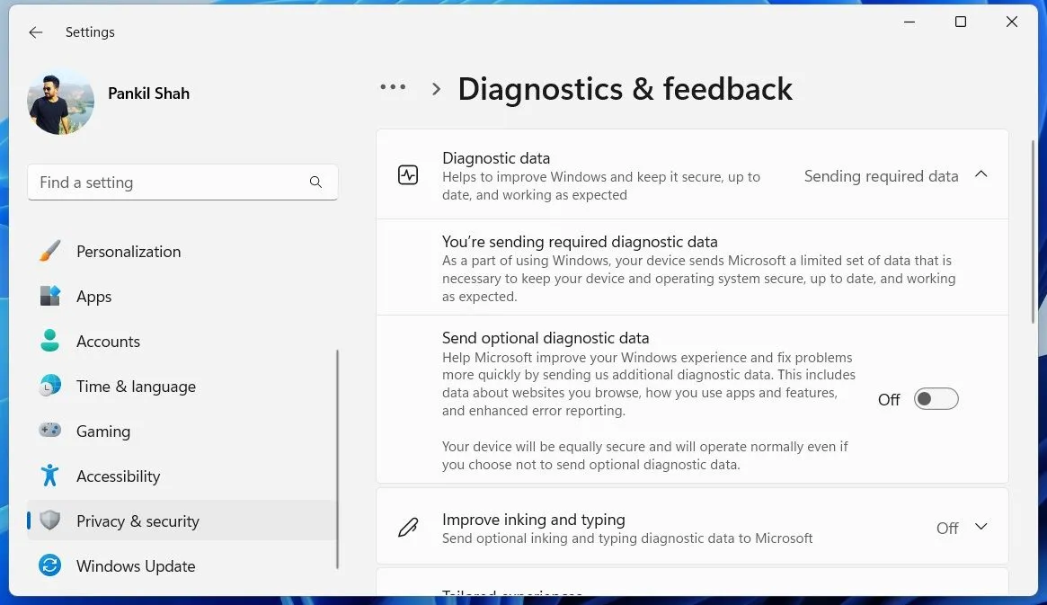 Menu cài đặt chẩn đoán và phản hồi trong ứng dụng Cài đặt của Windows 11, nơi người dùng quản lý dữ liệu thu thập.