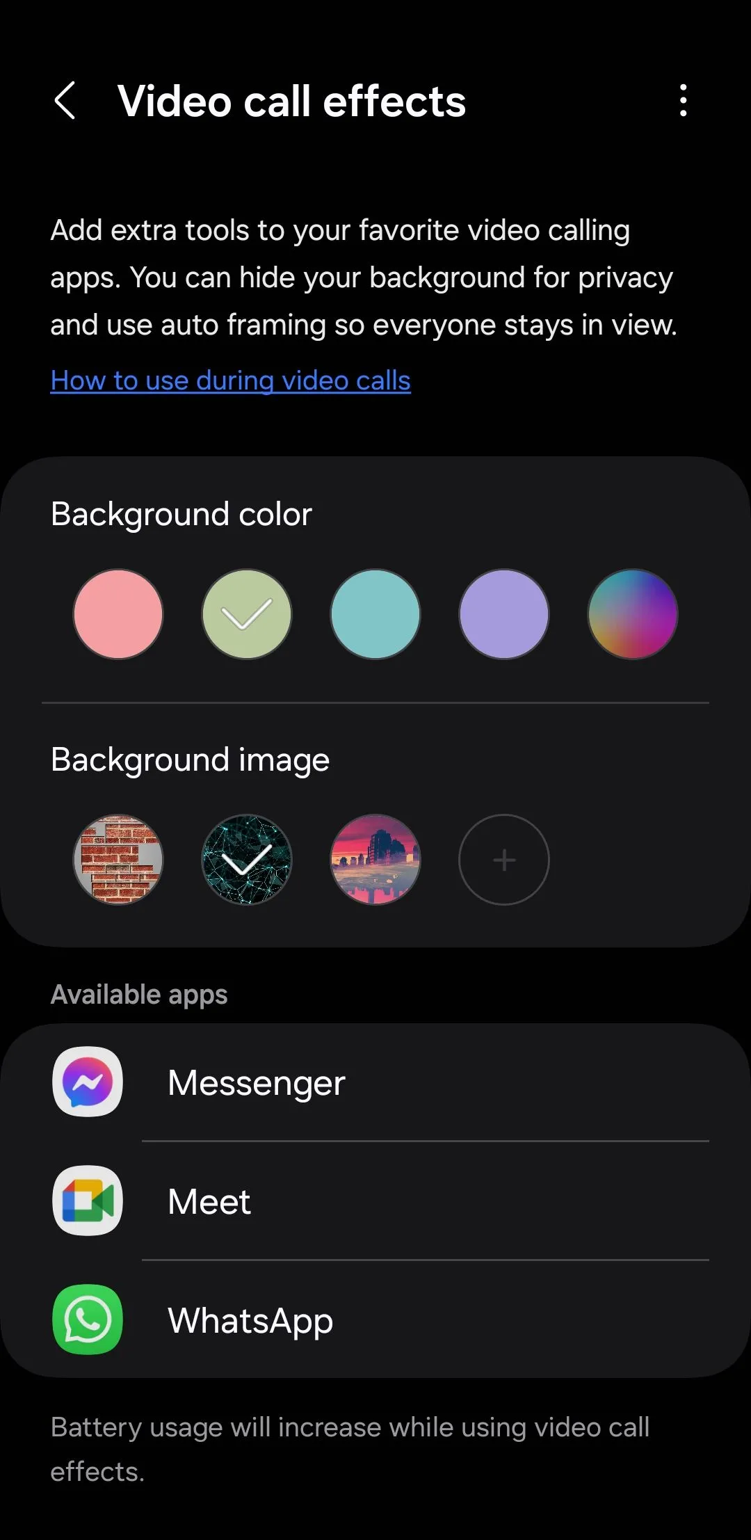 Menu cài đặt Hiệu ứng Cuộc gọi Video trên điện thoại Samsung, cung cấp tùy chọn thay đổi nền hoặc làm mờ phông khi thực hiện cuộc gọi video.