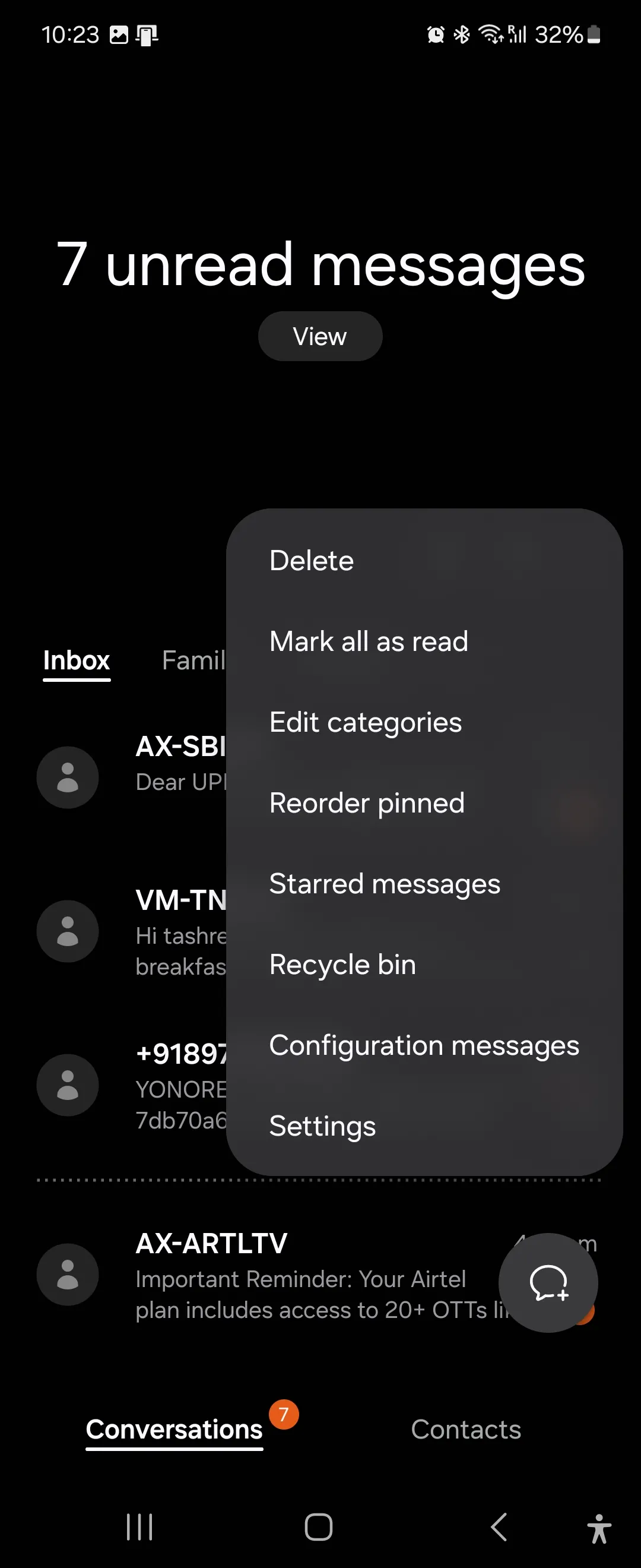 Menu cài đặt nâng cao của ứng dụng Samsung Messages hiển thị các tùy chọn quản lý và khôi phục tin nhắn