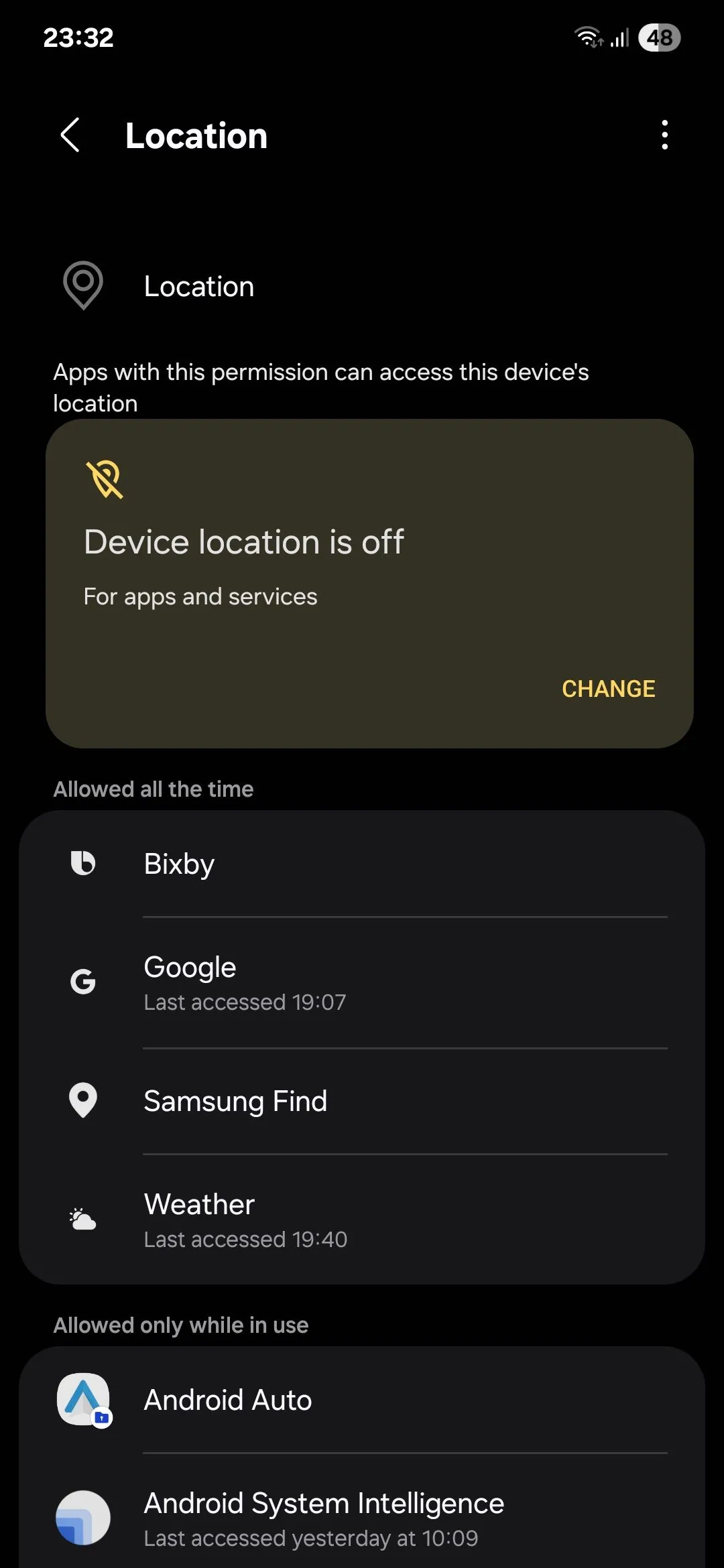 Menu cài đặt quyền truy cập vị trí của ứng dụng trên Samsung
