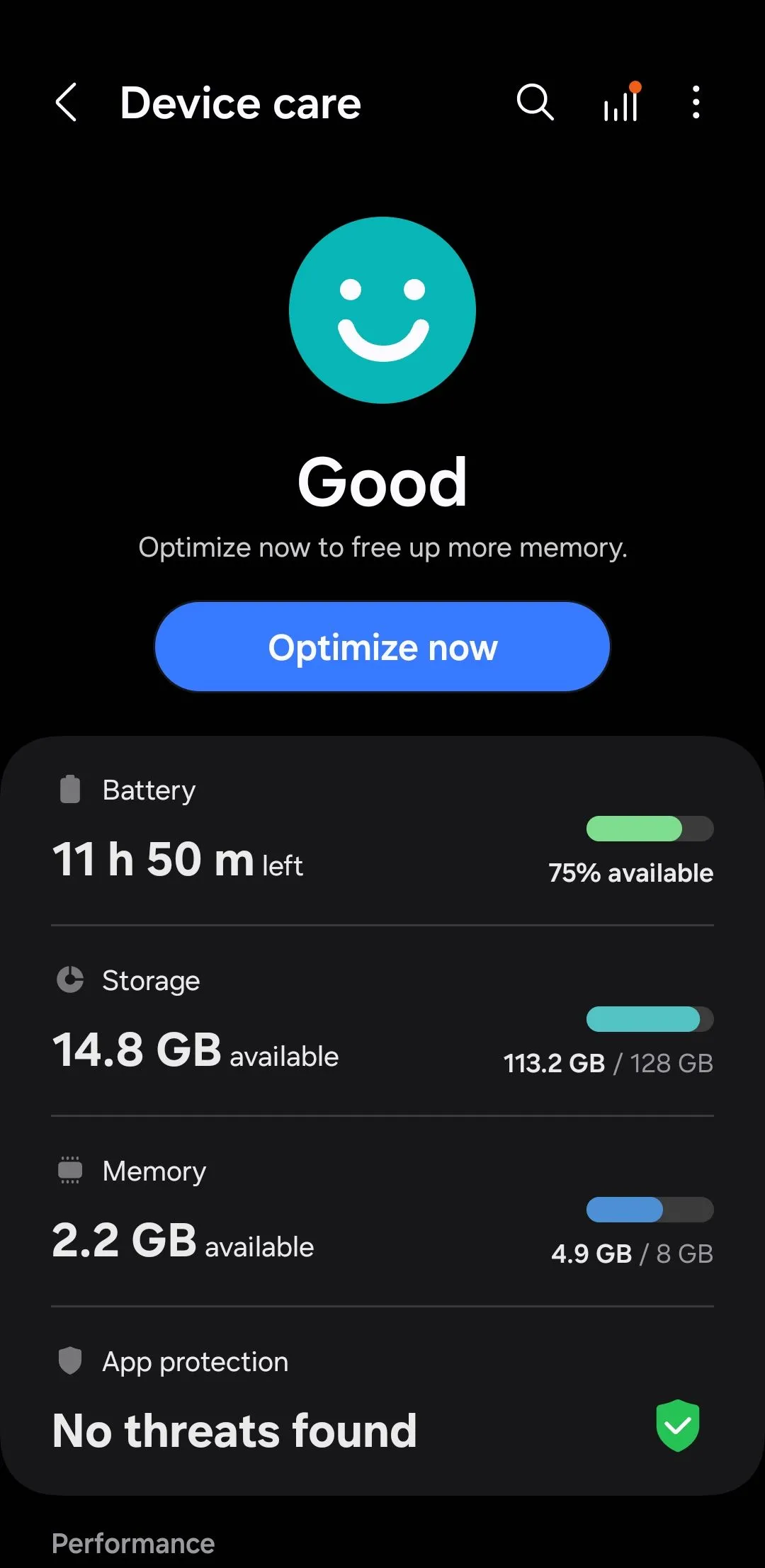 Menu Chăm sóc thiết bị (Device Care) trên điện thoại Samsung Galaxy, nơi quản lý bộ nhớ và pin