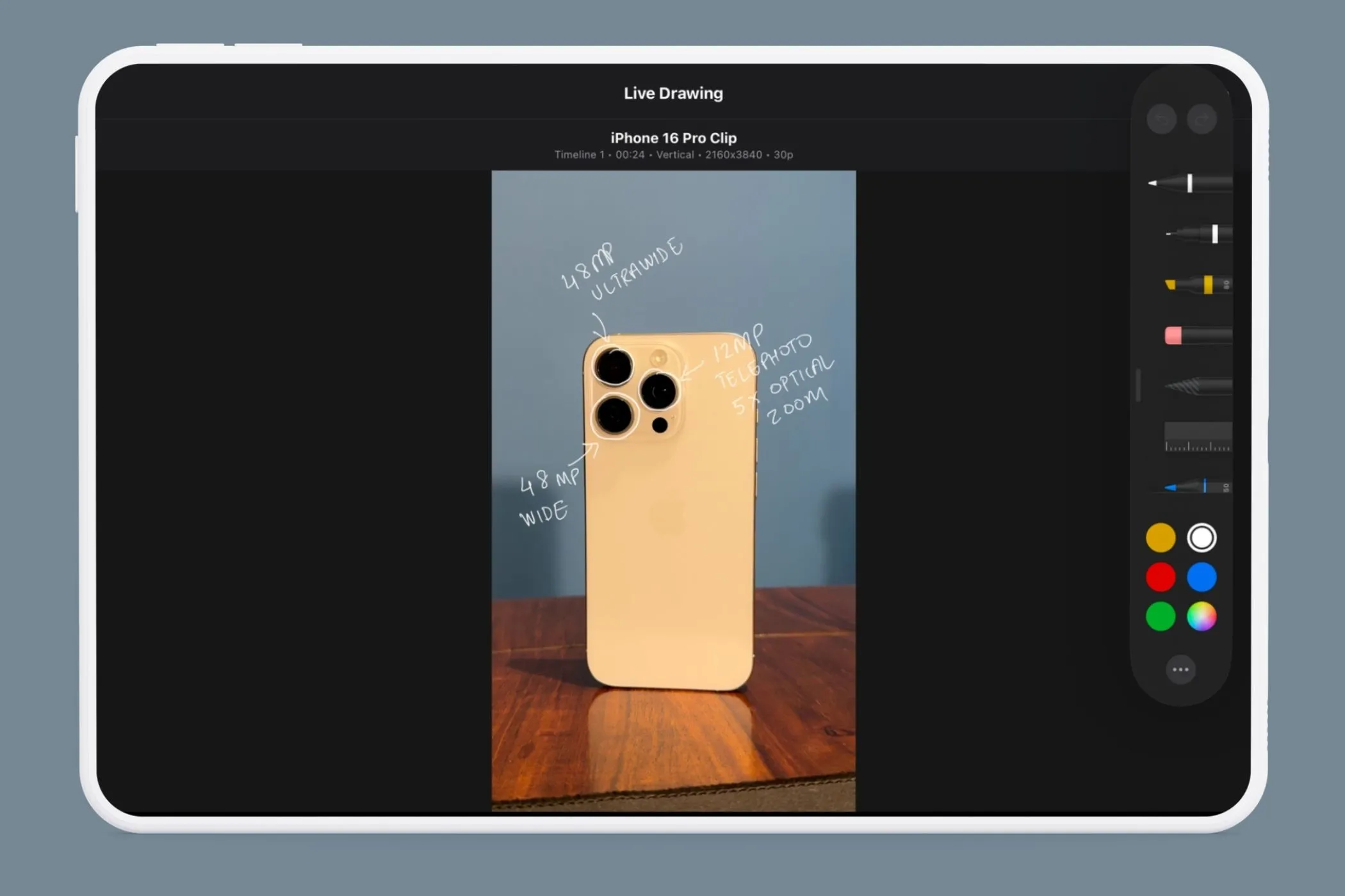 Menu Live Drawing của Final Cut Pro trên iPad với các tùy chọn công cụ vẽ