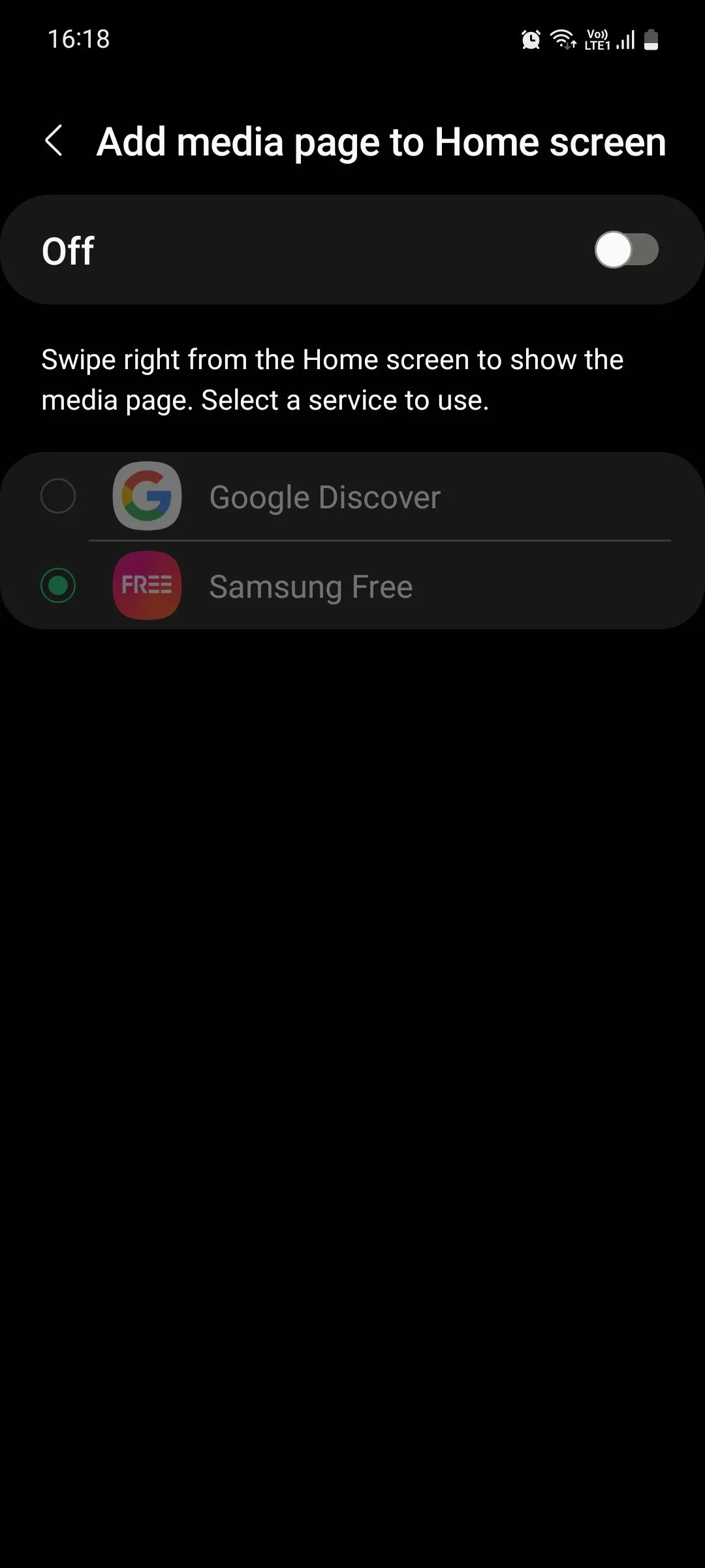 Menu &quot;Màn hình chờ&quot; trên điện thoại Samsung, hiển thị tùy chọn &quot;Thêm trang phương tiện vào Màn hình chờ&quot; để quản lý hoặc tắt Samsung Free.
