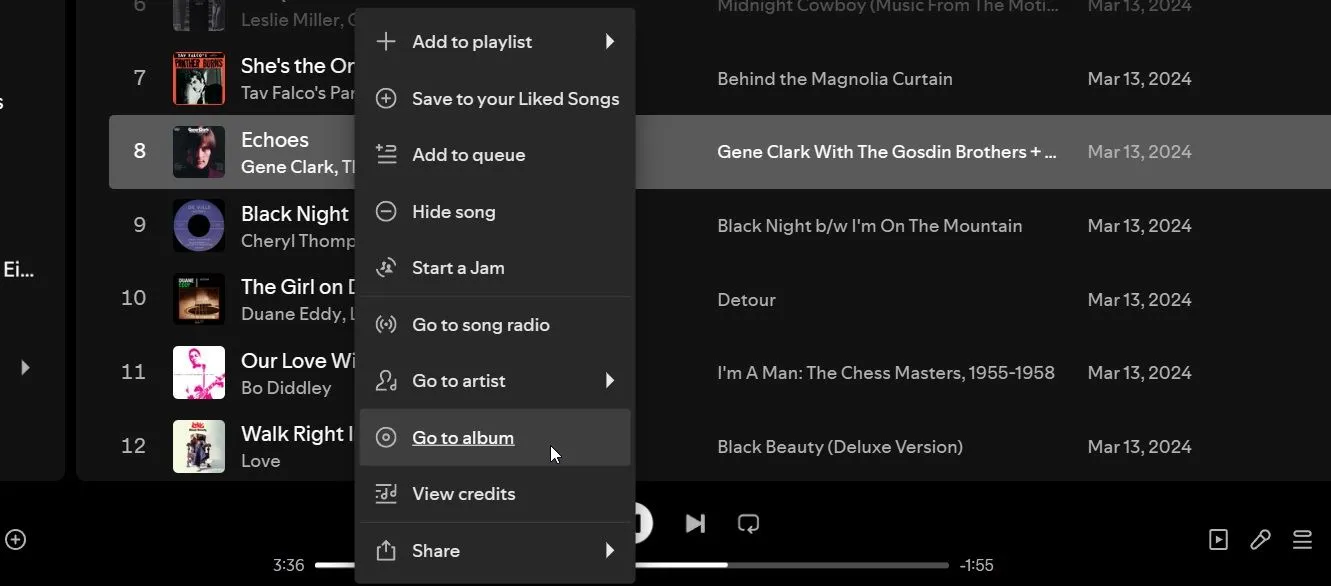 Menu ngữ cảnh Spotify với tùy chọn 'Đi đến album' giúp truy cập nhạc