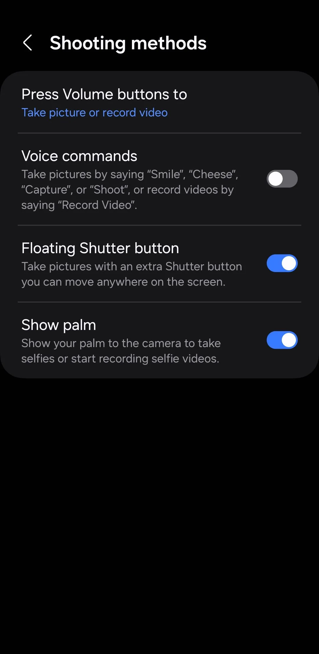 Menu phương thức chụp trong cài đặt Camera Samsung, cho phép bật nút chụp nổi