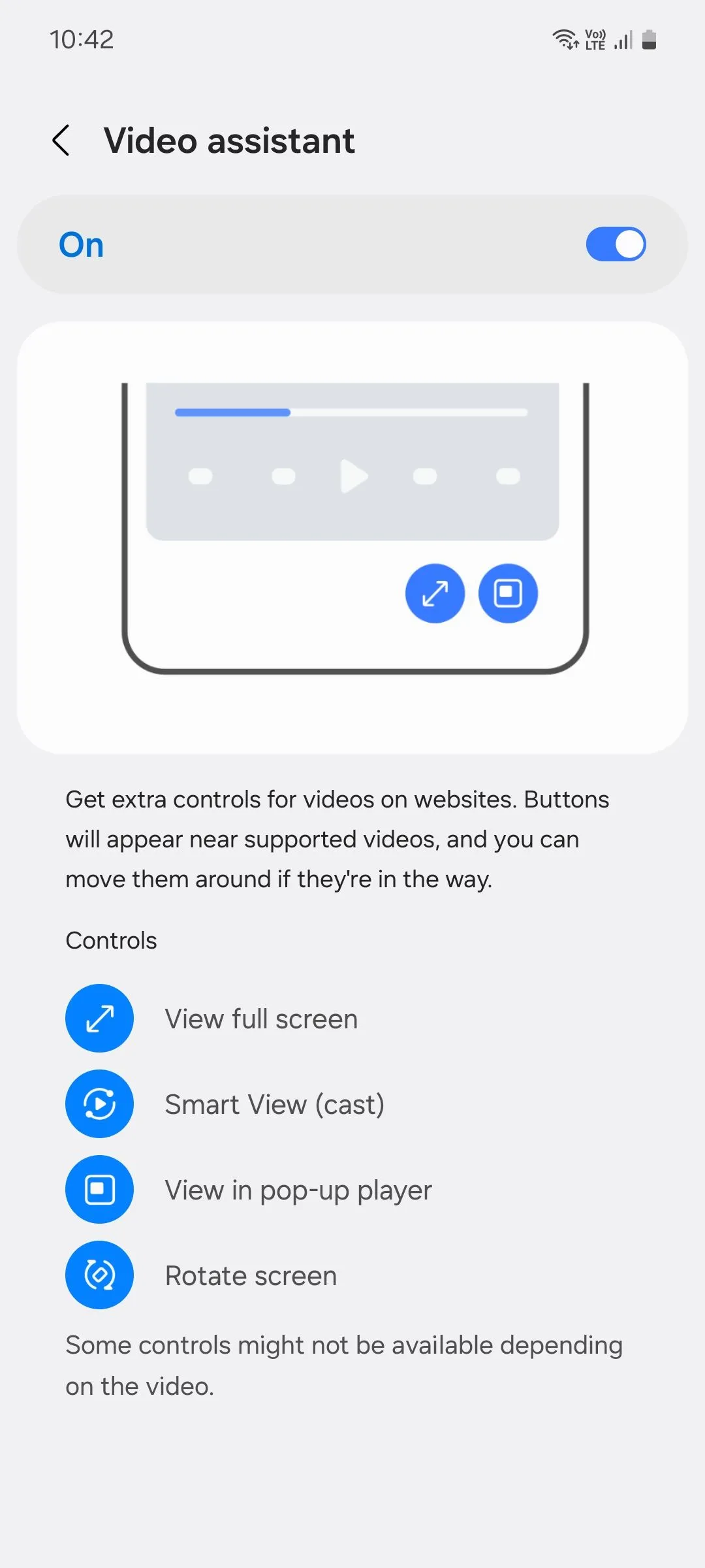 Menu trợ lý video của Samsung Internet, cho phép chuyển đổi sang trình phát video độc quyền.