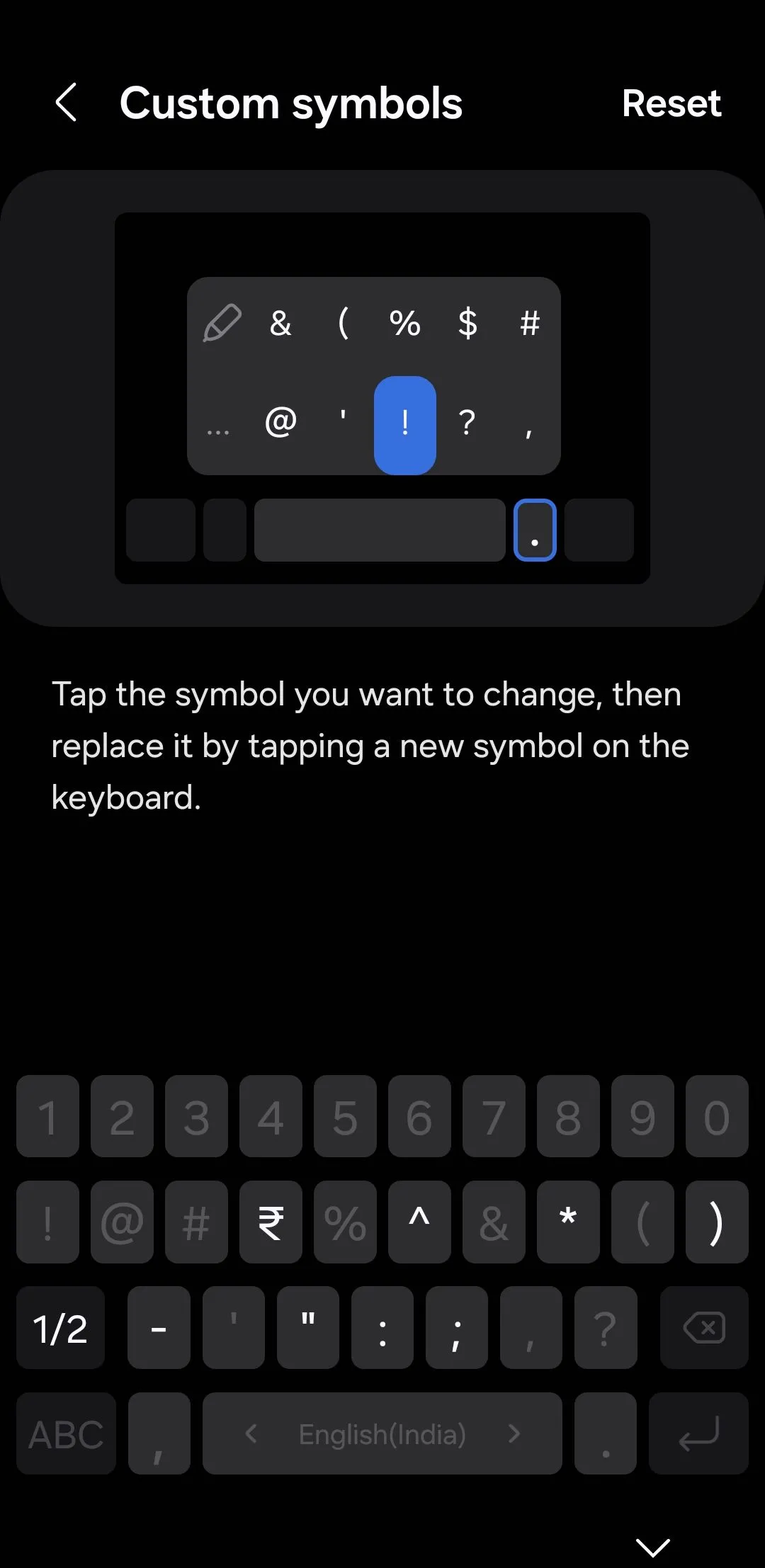 Menu tùy chỉnh biểu tượng trên điện thoại Samsung, cho phép thay đổi các ký tự bàn phím