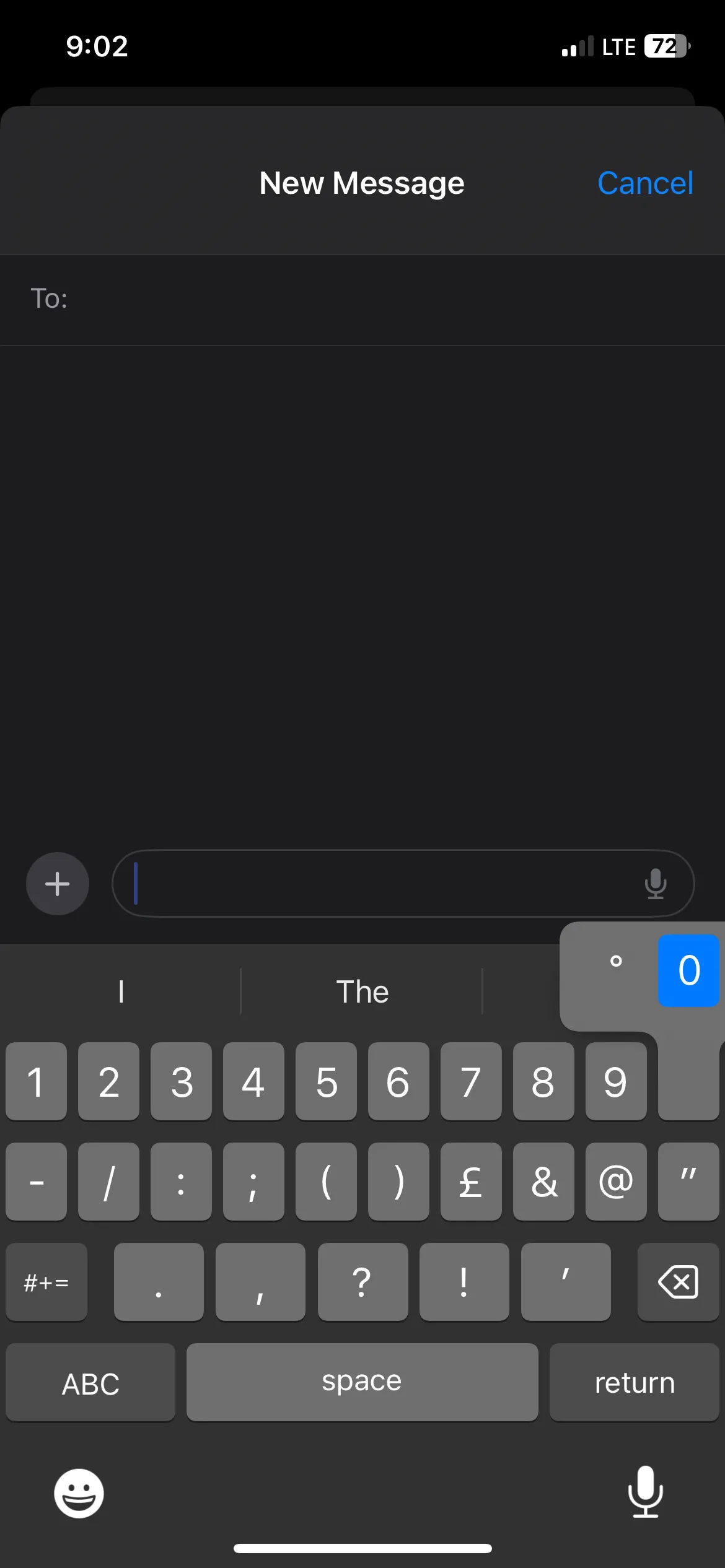 Menu xuất hiện khi nhấn giữ số 0 trên iPhone.