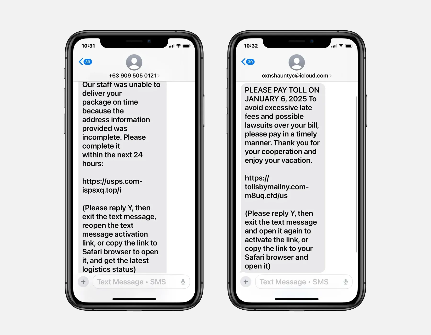 Minh họa các tin nhắn smishing giả mạo thông báo giao hàng hoặc phí cầu đường trên iMessage