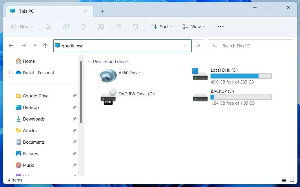 Mở Group Policy Editor từ File Explorer