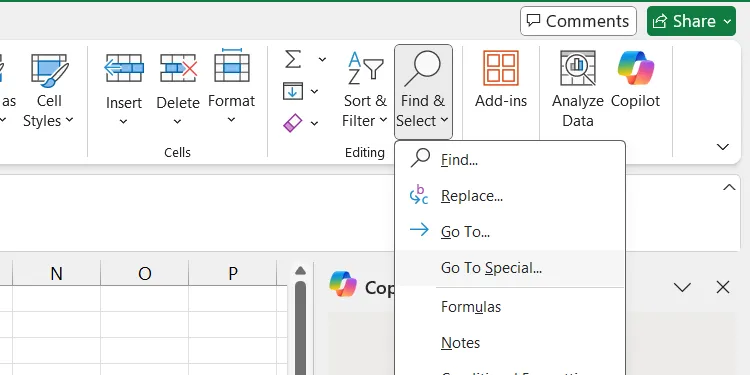 Mở hộp thoại Go to Special trong Excel để chọn các ô trống