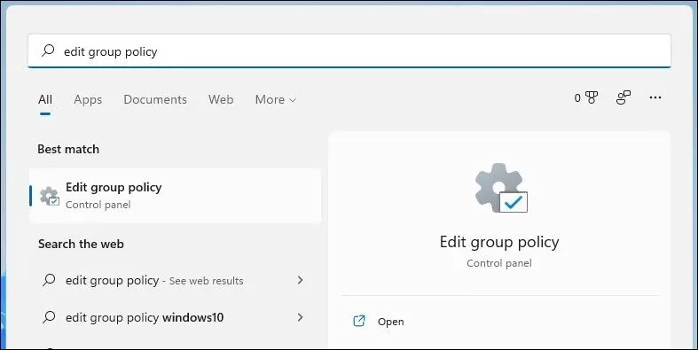 Mở Local Group Policy Editor qua tìm kiếm Windows