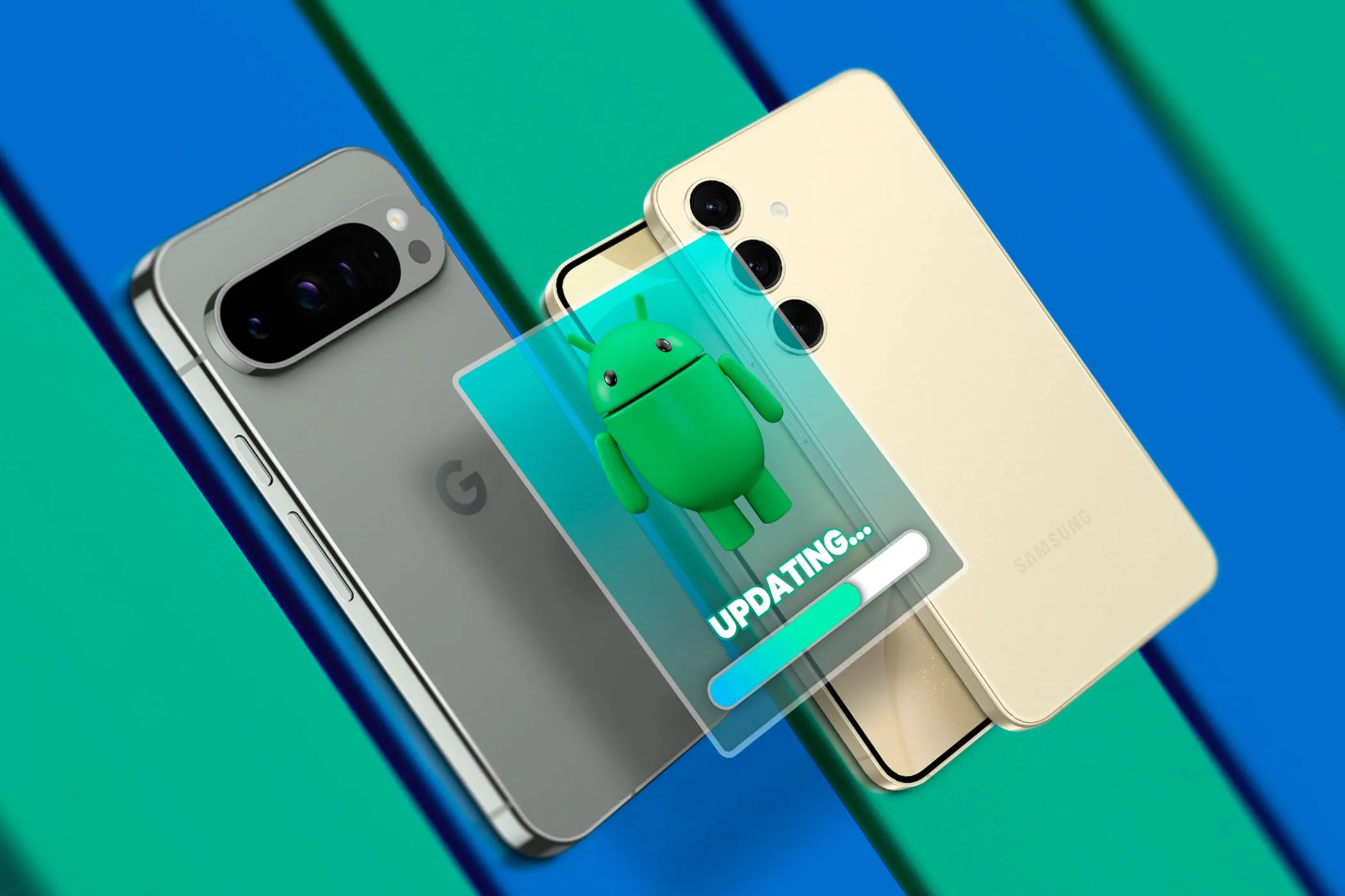 Một chiếc Google Pixel cạnh một chiếc Samsung Galaxy, với hình ảnh cập nhật Android phía trên thiết bị