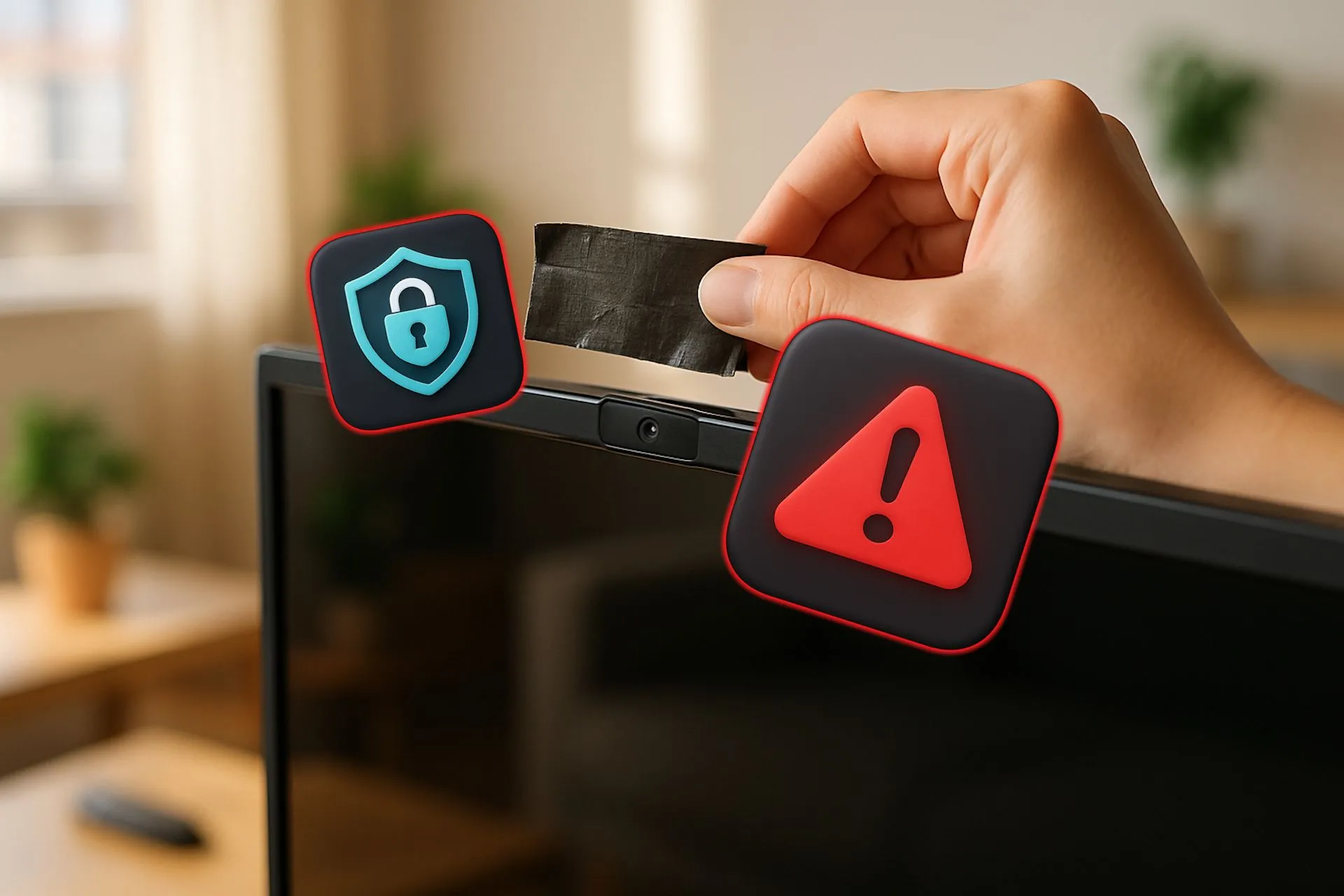 Một người đang dán băng dính che camera tích hợp trên TV thông minh