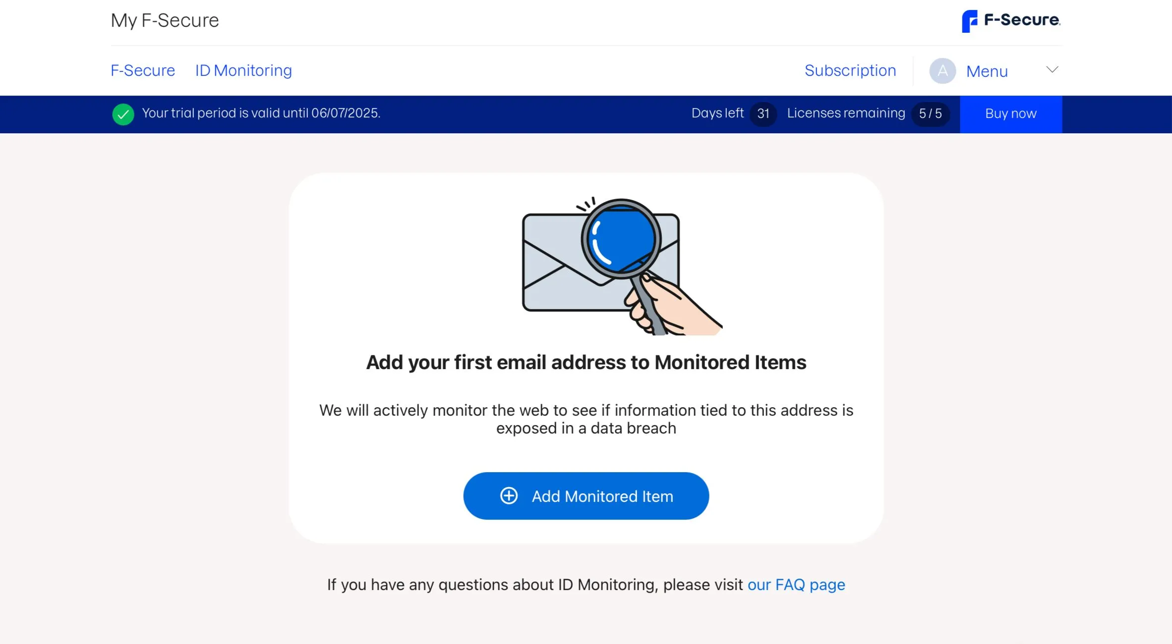 Mục ID Monitoring trong dịch vụ F-Secure ID Protection, nơi người dùng có thể thêm địa chỉ email để giám sát dữ liệu bị rò rỉ trên dark web.