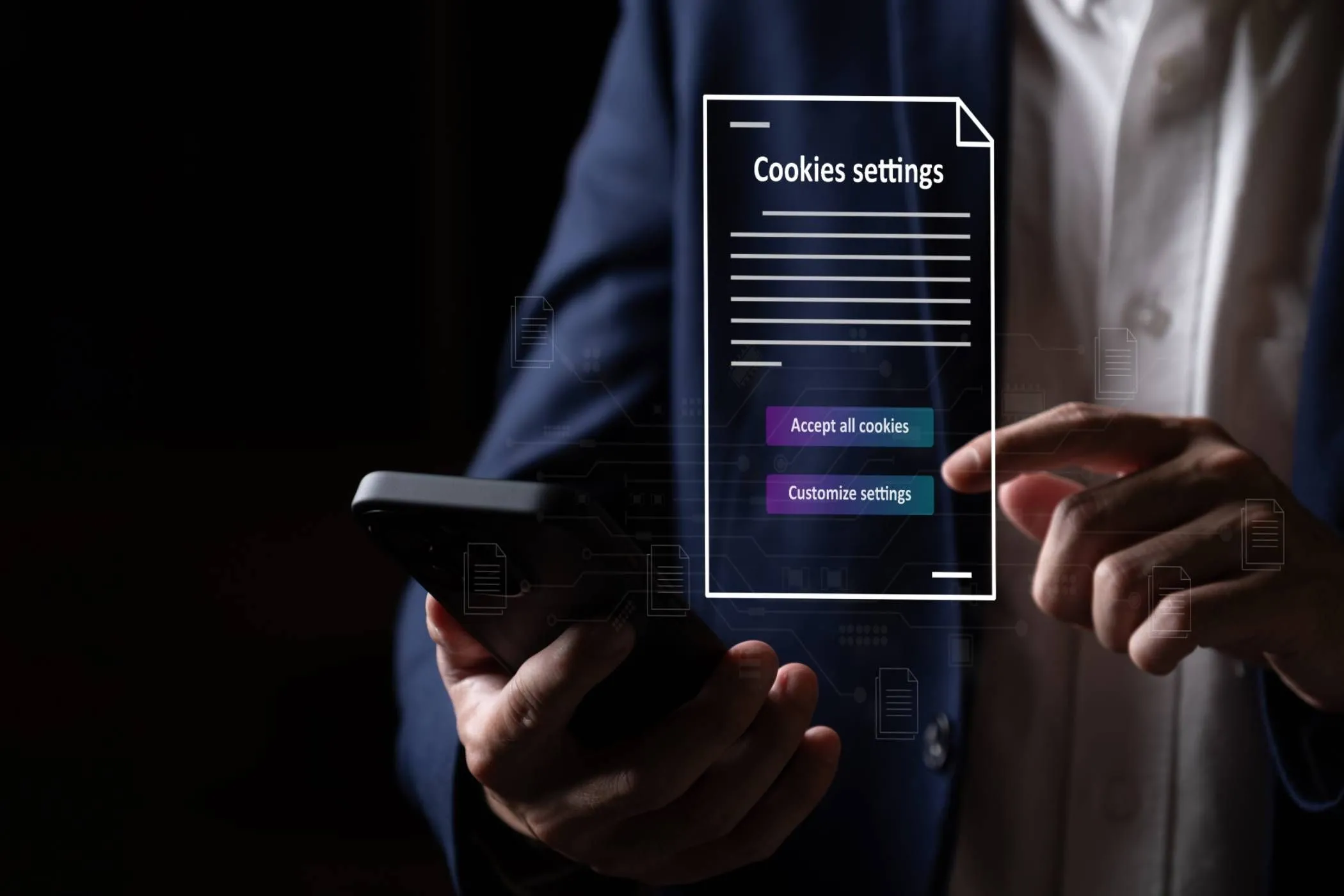 Người dùng Android đang xem tùy chọn chấp nhận hoặc từ chối cookie trên màn hình điện thoại, minh họa việc theo dõi dữ liệu cá nhân.