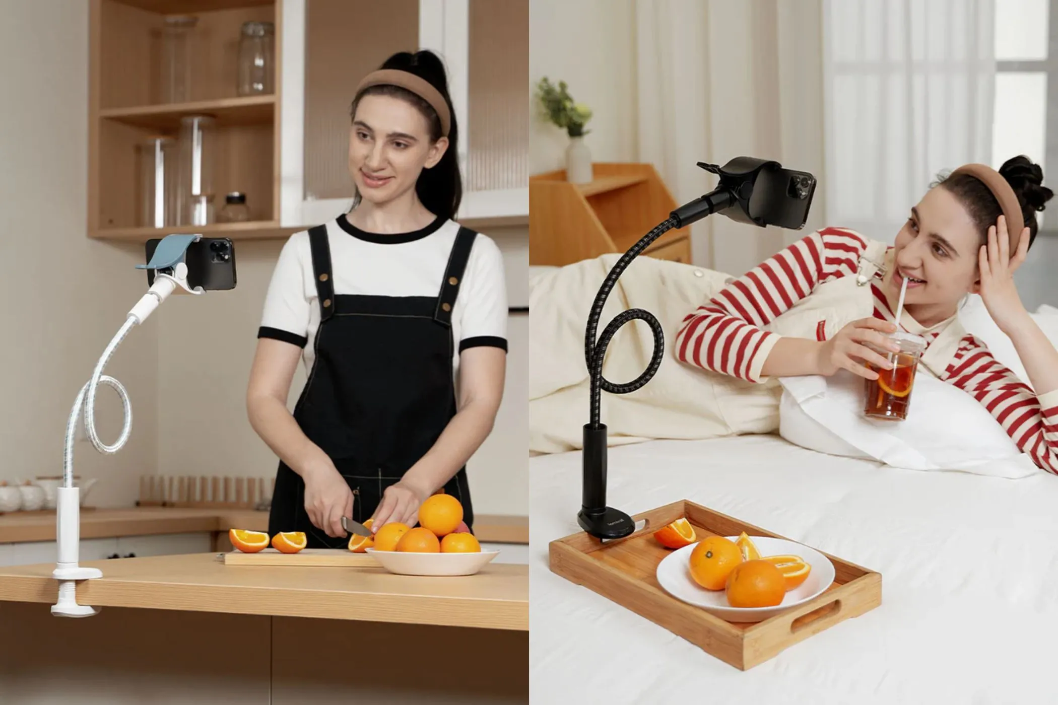 Người phụ nữ sử dụng giá đỡ điện thoại cổ ngỗng Lamicall khi nấu ăn và thư giãn, thể hiện sự tiện lợi rảnh tay
