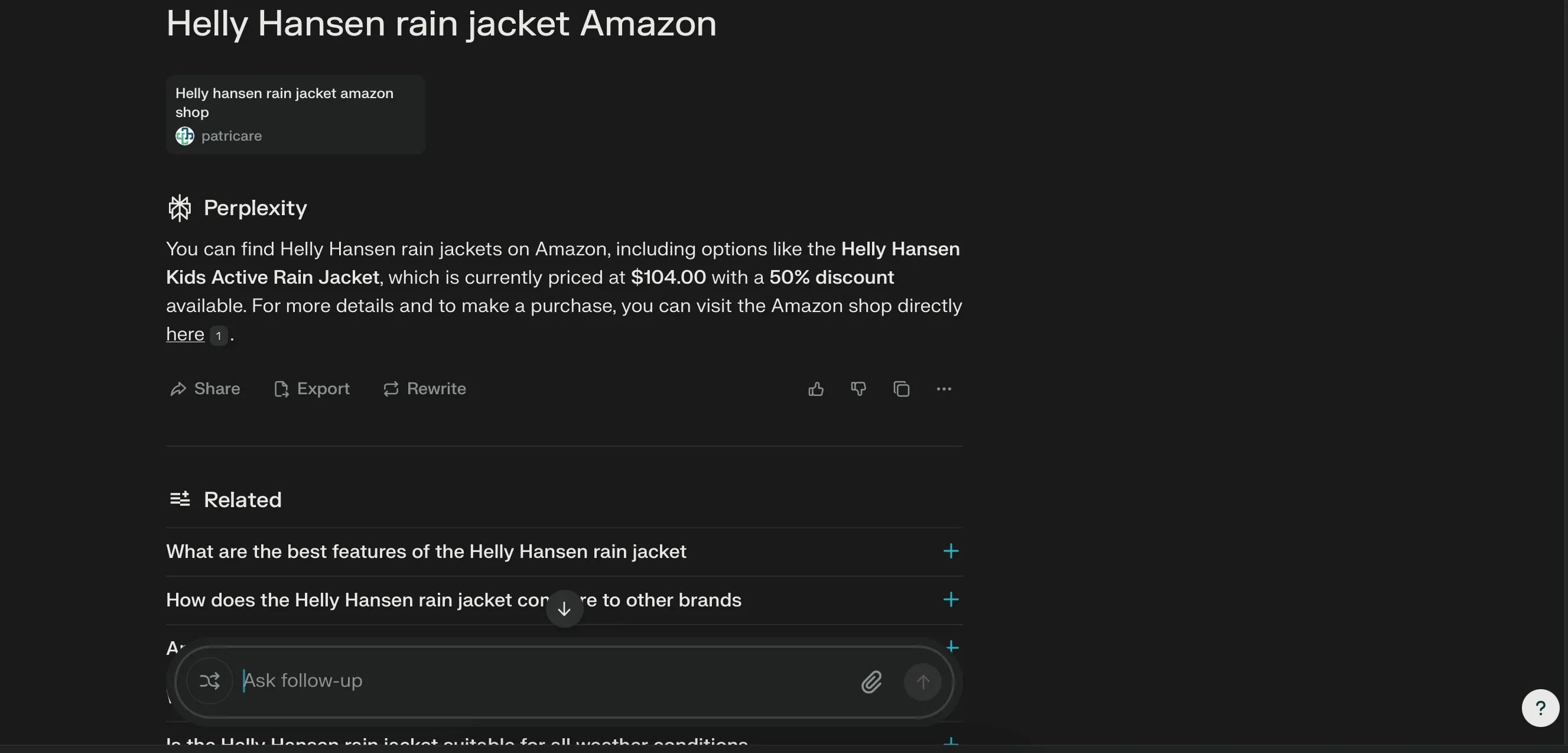 Perplexity AI tìm kiếm áo khoác Helly Hansen trên Amazon
