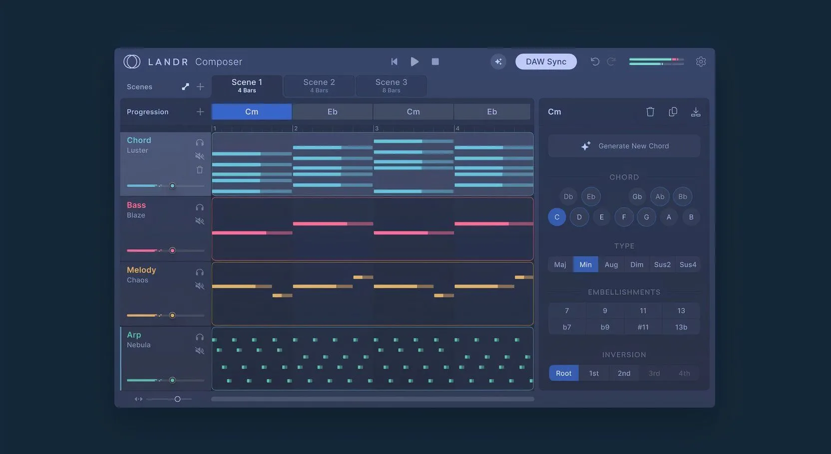 Plugin LANDR Composer hiển thị các yếu tố bài hát khác nhau để tùy chỉnh.