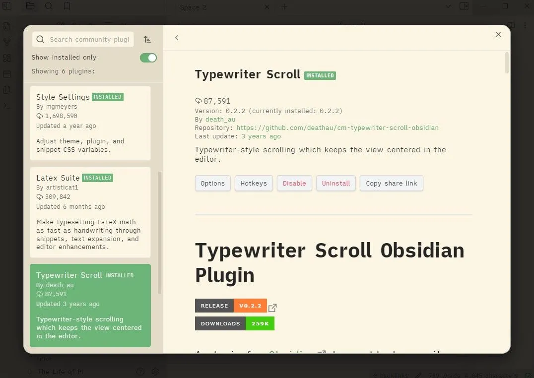 Plugin Typewriter Scroll đang hoạt động trong Obsidian