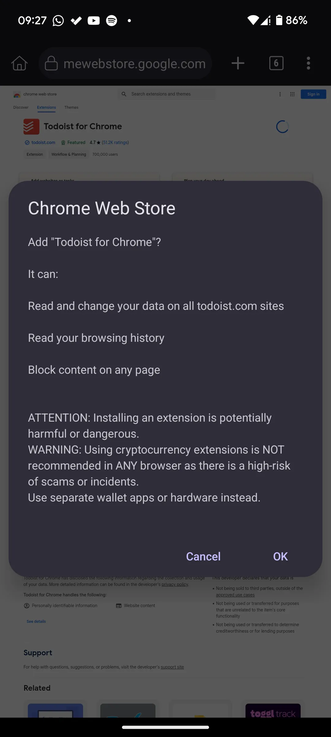 Quá trình cài đặt tiện ích Todoist đang diễn ra trong trình duyệt Kiwi Browser trên điện thoại Android.