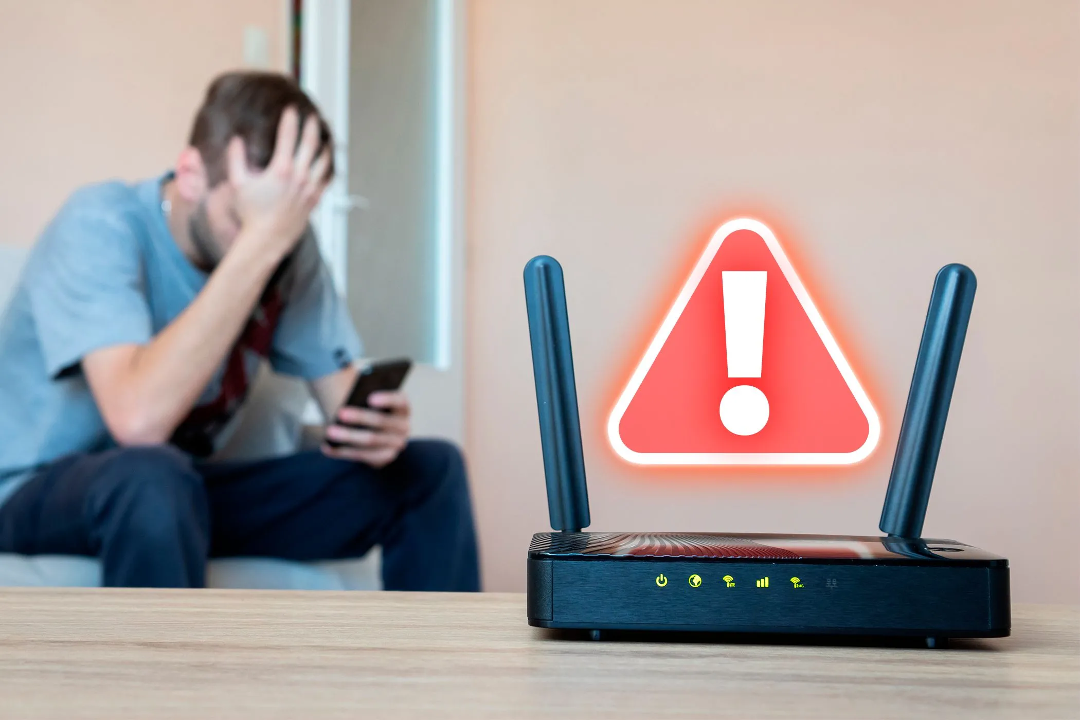 Router Wi-Fi hiển thị biểu tượng cảnh báo lỗi cùng người dùng thất vọng, minh họa các sự cố kết nối Wi-Fi.