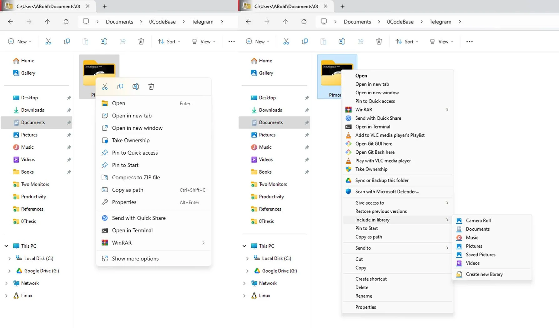 So sánh giữa menu ngữ cảnh mặc định của Windows 11 và menu ngữ cảnh cổ điển của Windows 10, đặt cạnh nhau.
