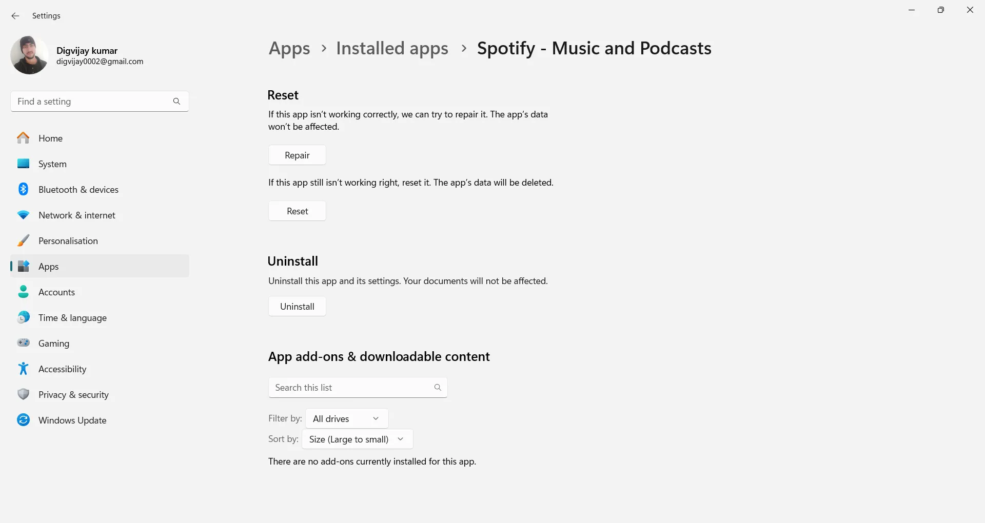 Sử dụng Cài đặt Windows để sửa chữa Spotify