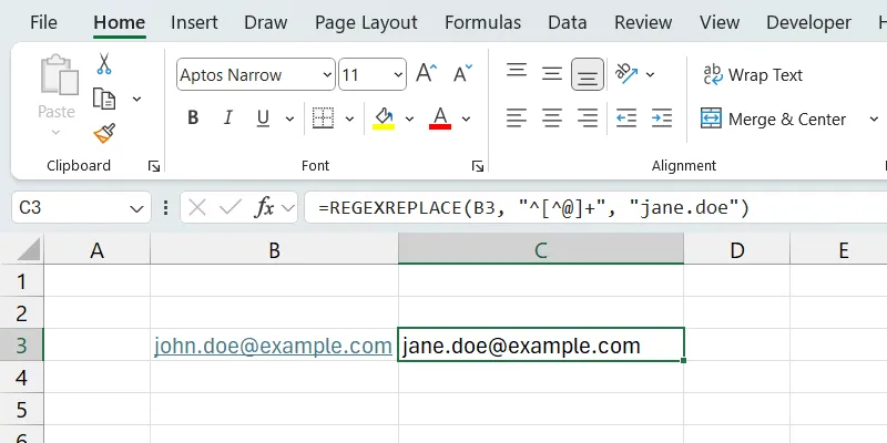 Sử dụng hàm REGEXREPLACE trong Excel để thay thế phần tên người dùng của email