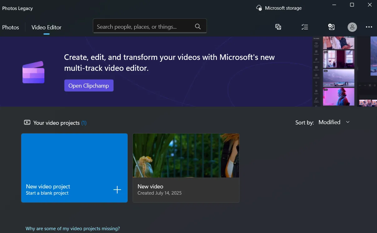 Tab chỉnh sửa video của ứng dụng Ảnh Legacy (Photos Legacy) trên Windows 11, hiển thị các tùy chọn chỉnh sửa cơ bản.