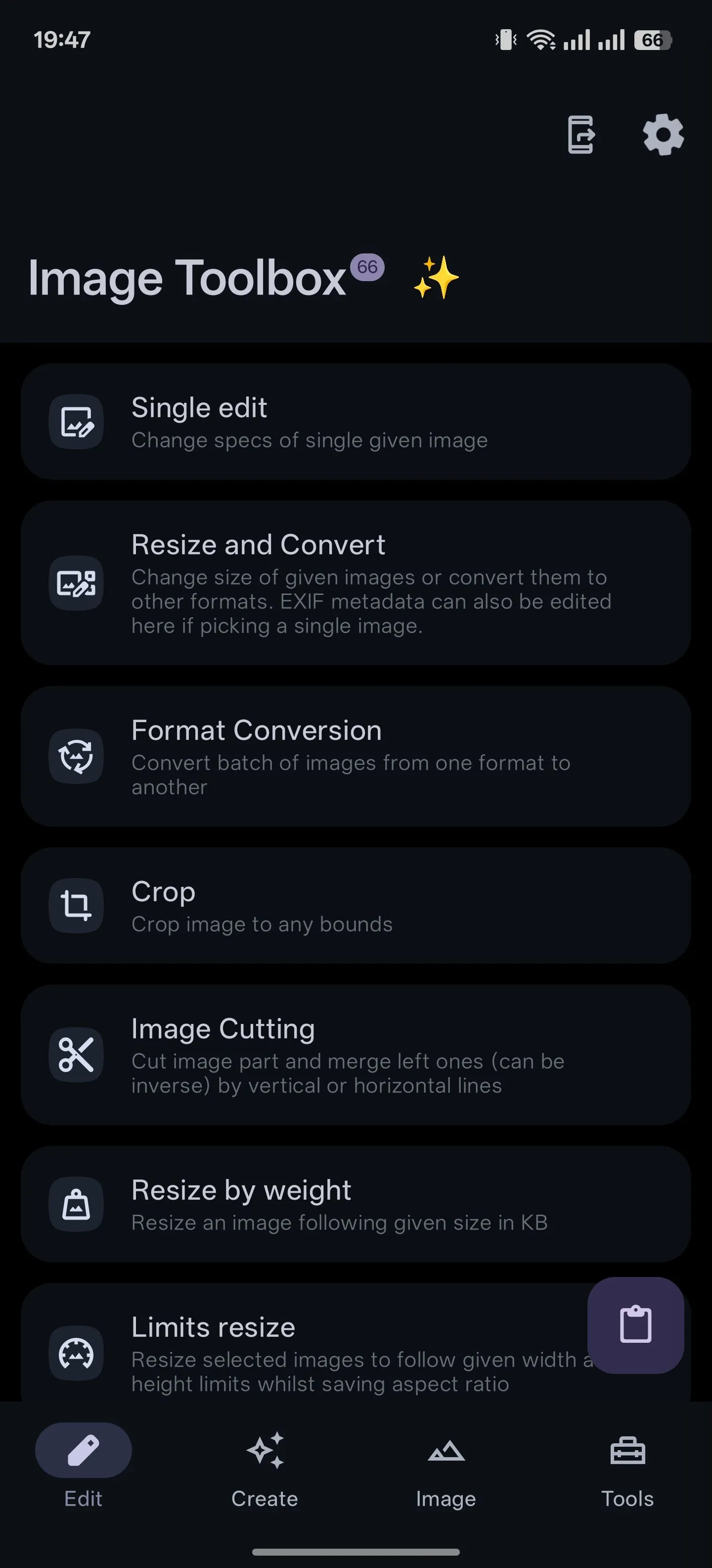 Thẻ chỉnh sửa trong ứng dụng Image Toolbox cho Android